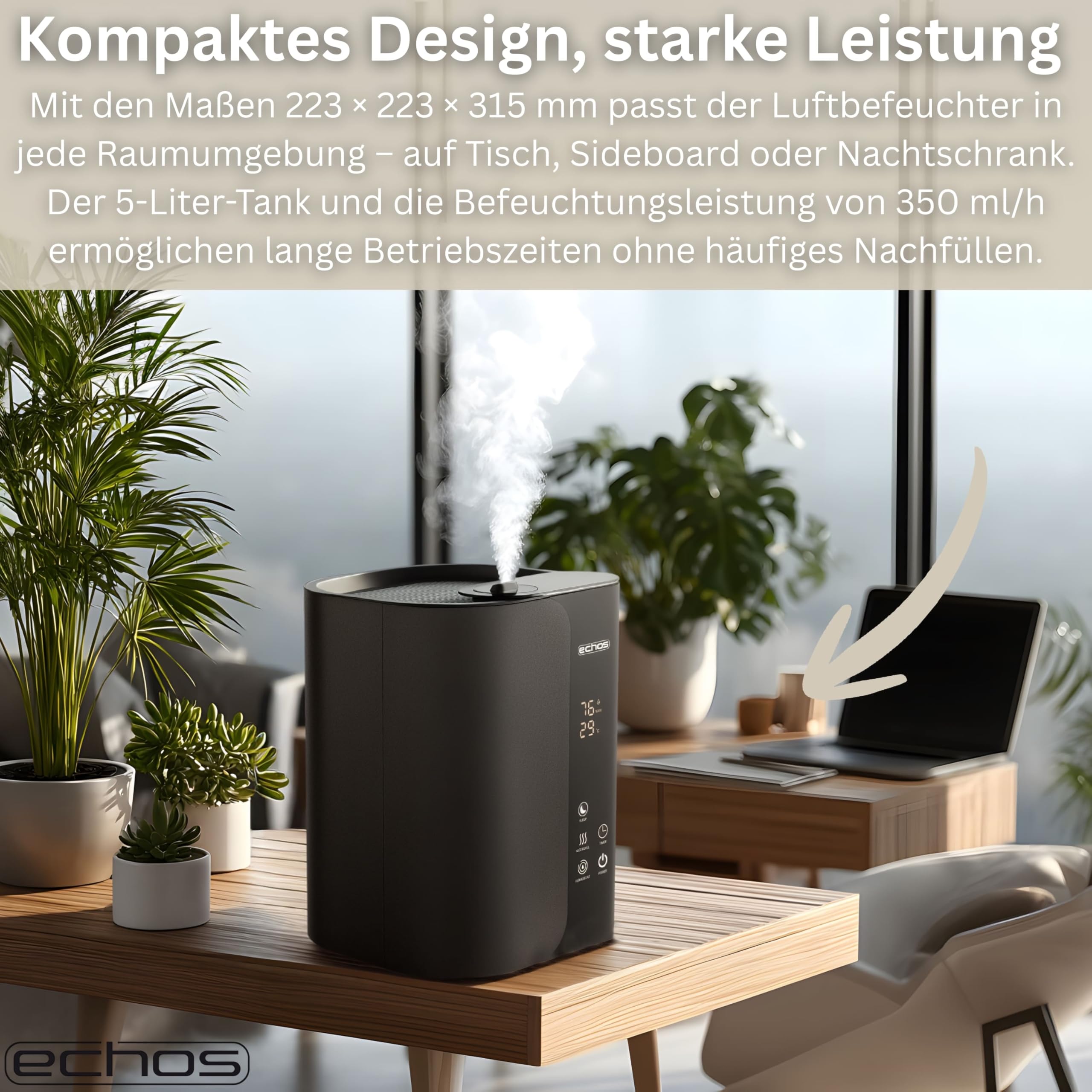 Steinborg® Humidificador ultrasónico de 5 litros, con mando a distancia, purificador de aire, higrómetro, pantalla táctil LED, ultrasilencioso, potente, 350 ml/h, compartimento de aroma, temporizador