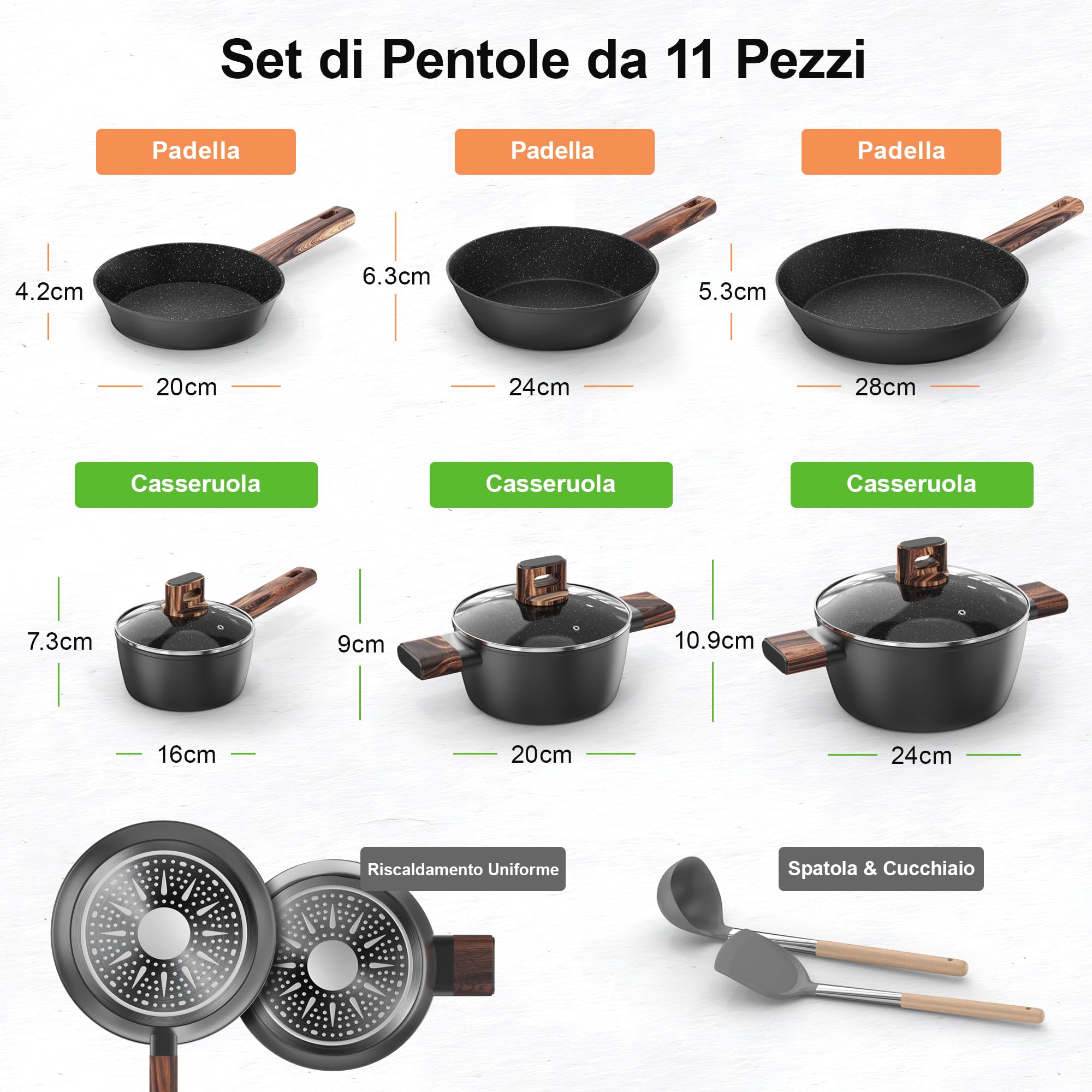 Set Pentole Induzione - 11 Pcs Batteria Pentole e Padelle Antiaderenti Per Tutti i Piani Cottura, Padella da 20/28cm, Padella da 24cm, Pentola da 16/20/24cm con Coperchi, Senza PFOA e PFOS Topbooc