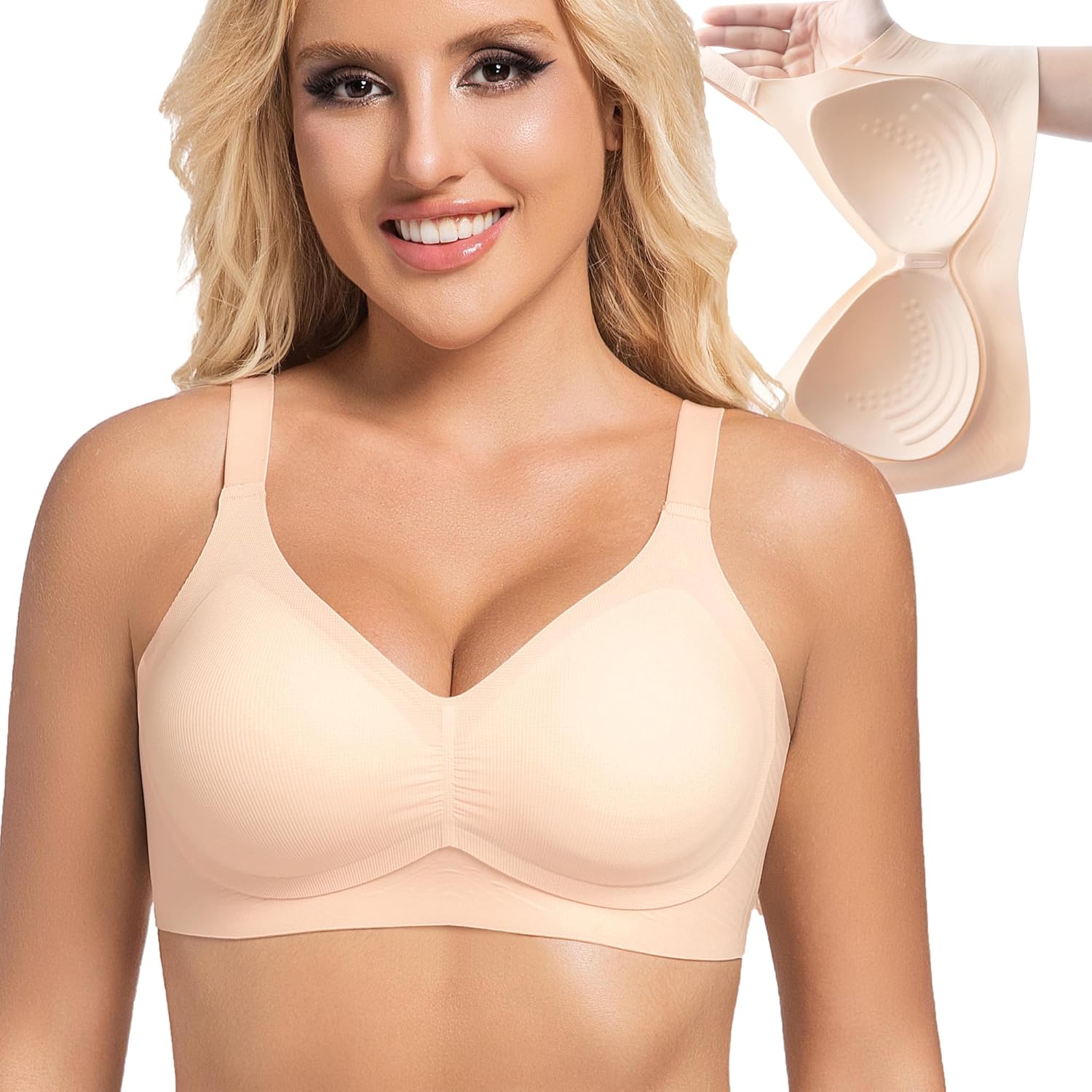 PRETTYWELL Wireless Bras for Women Molded Cup Comfort Seamless Push up No Underwire V-Neck Everyday Bra A to D Cup