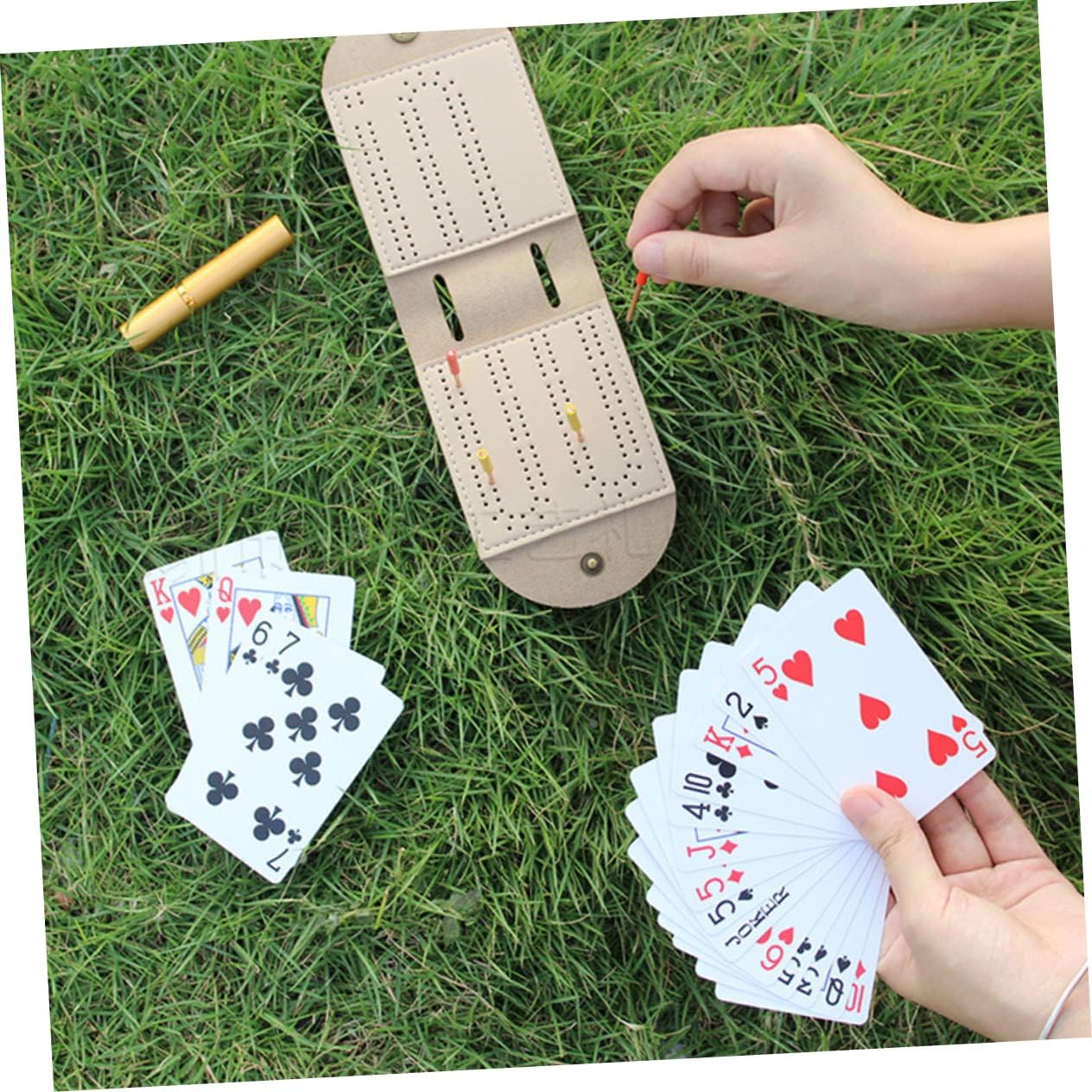 LIFKOME Travel Cribbage Board Playing Card Score Board Accessory with Pegs and Storage Bucket Compact Checkerboard for Card Game Scoring Family Parties Travel Use image 5