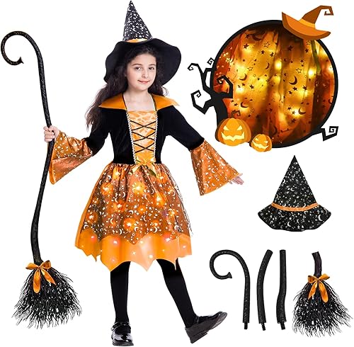 Miniatura 6 de Poshetion Disfraz de bruja iluminada para niñas, disfraces de bruja de Halloween con escoba de bruja, sombrero para regalo de fiesta de Halloween