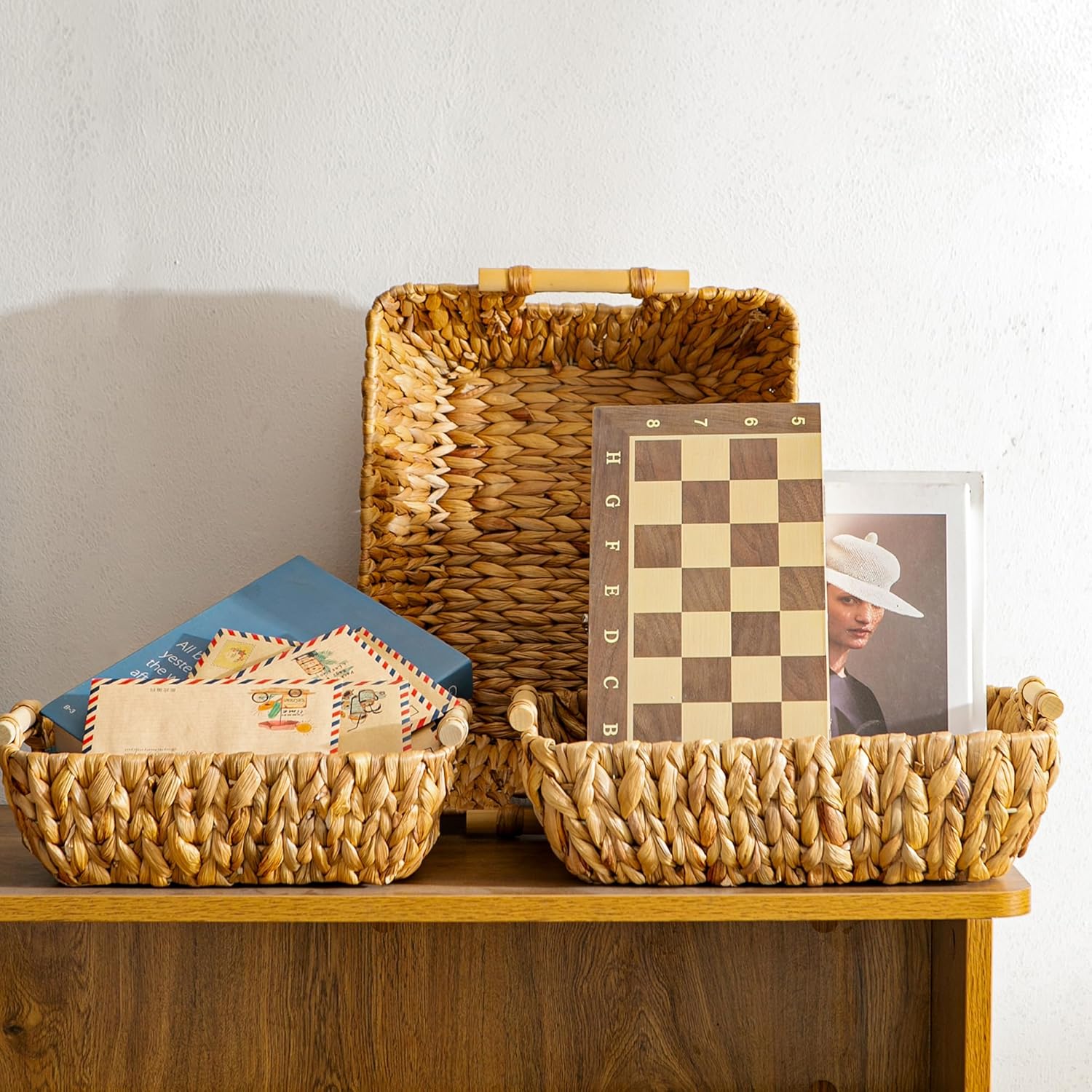 Woven Storage Baskets – Set of 3 Handwoven Water Hyacinth Wicker Baskets with Wooden Handles for Organizing, Decorative Baskets for Laundry Room, Home Decor - Large, Medium & Small