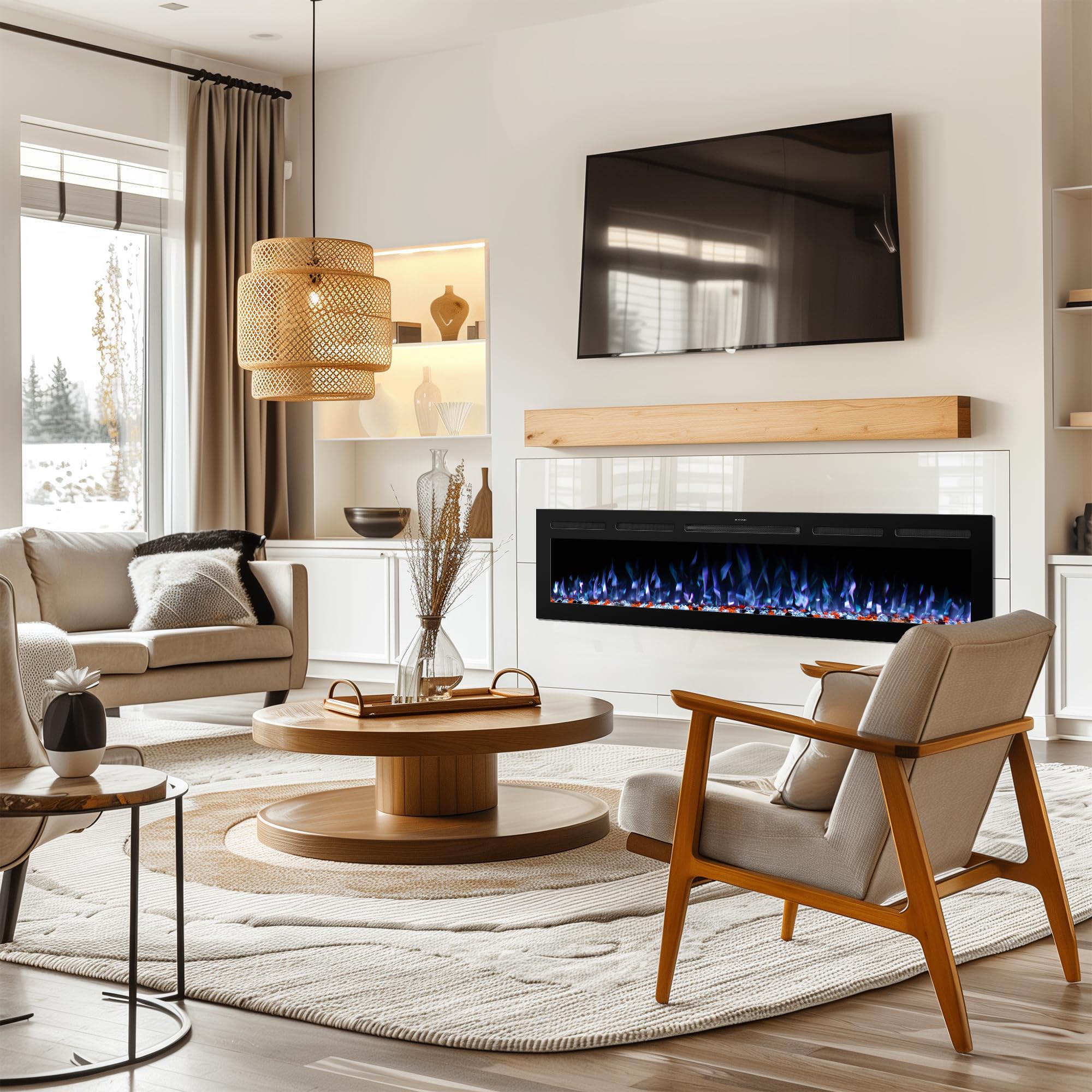 Insertos de chimeneas eléctricas inteligentes de 48 pulgadas, control remoto y pantalla táctil y control por aplicación, calentador de chimenea empotrado y montado en la pared con 8
