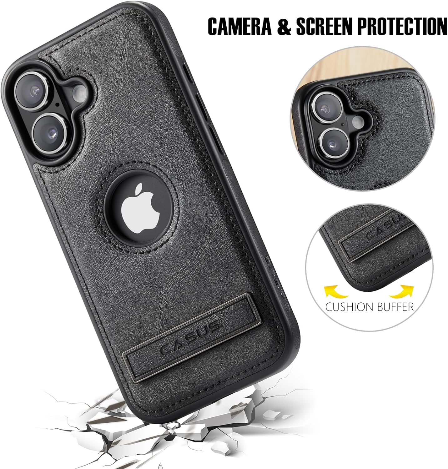 Casus for iPhone 17 Case with MagSafe, Slim Kickstand Vegan Leather Protective Cover with Tempered Glass Screen Protector, 6.3 Inch (2025), Black