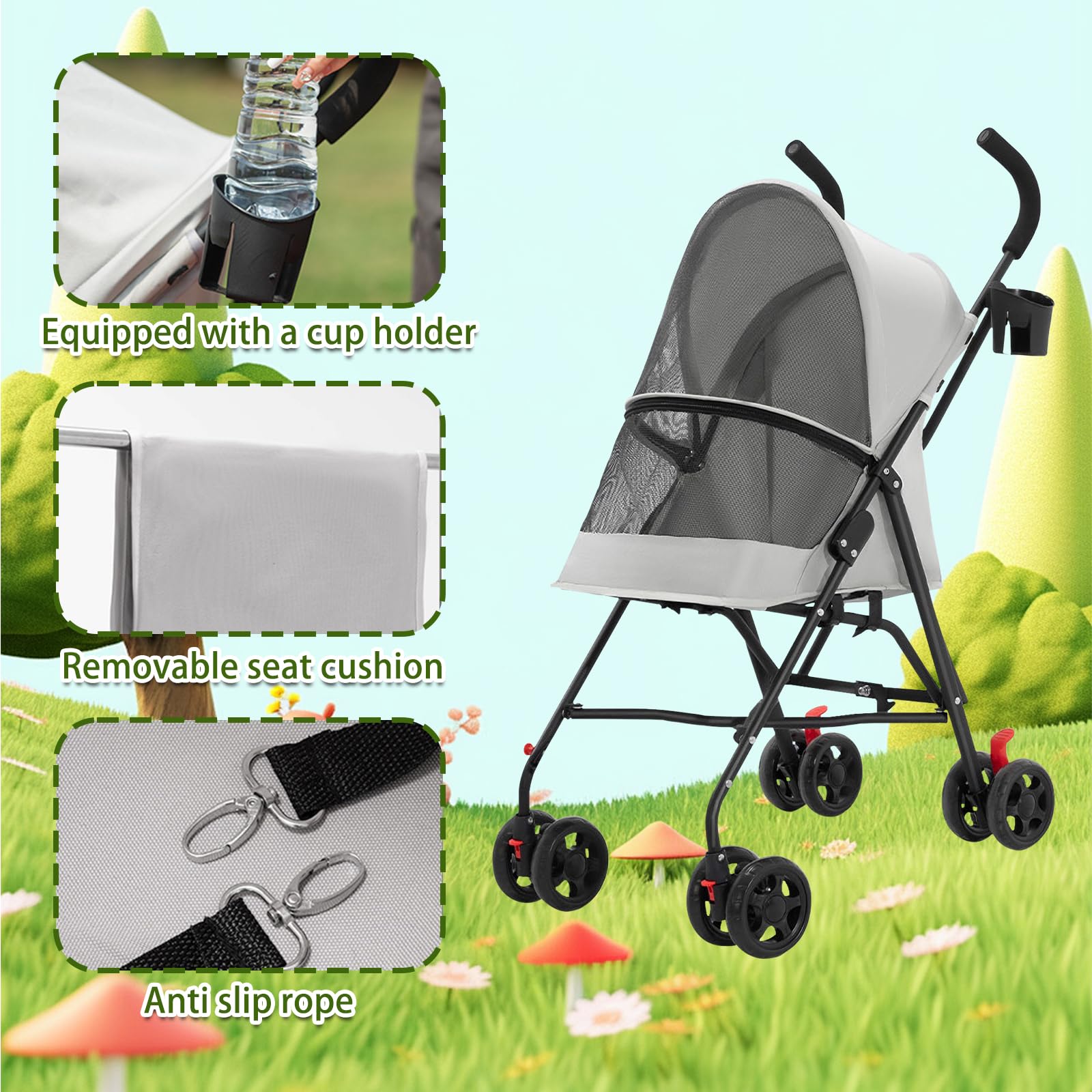 Poussette Animaux de Compagnie avec Porte-gobelet, Voyages Transporteur pour Petits Chien Chat, Pliable Portable Landau pour Animaux, Jusqu'à 15 kg (Gris)