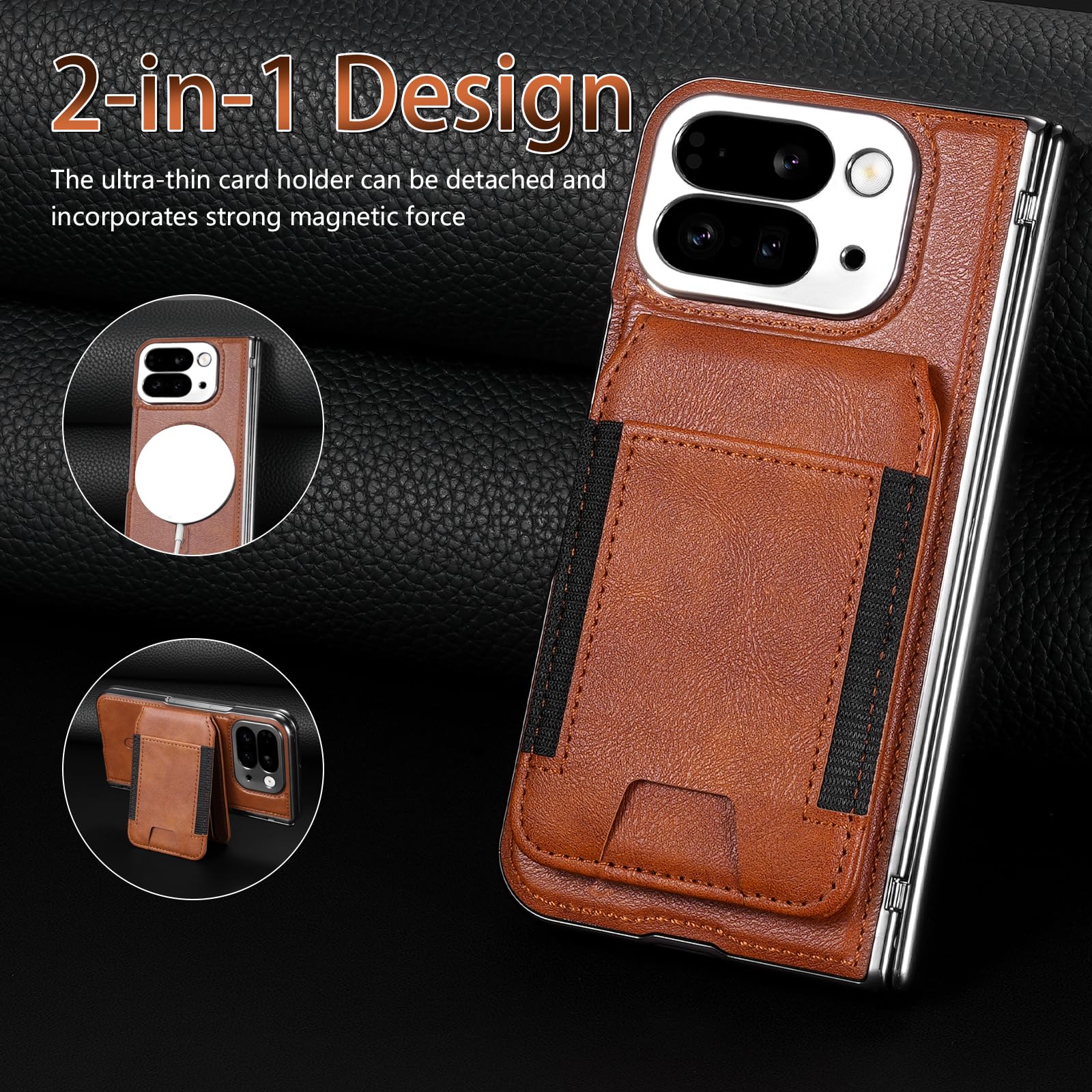 Funda Cartera para Google Pixel 10 Pro Fold 2025 con Soporte 2 en 1, Marrón | Tarjetero Desmontable para 4 Tarjetas, Soporte Vertical y Horizontal, Protector Frontal de Vidrio Templado, Exterior de PU
