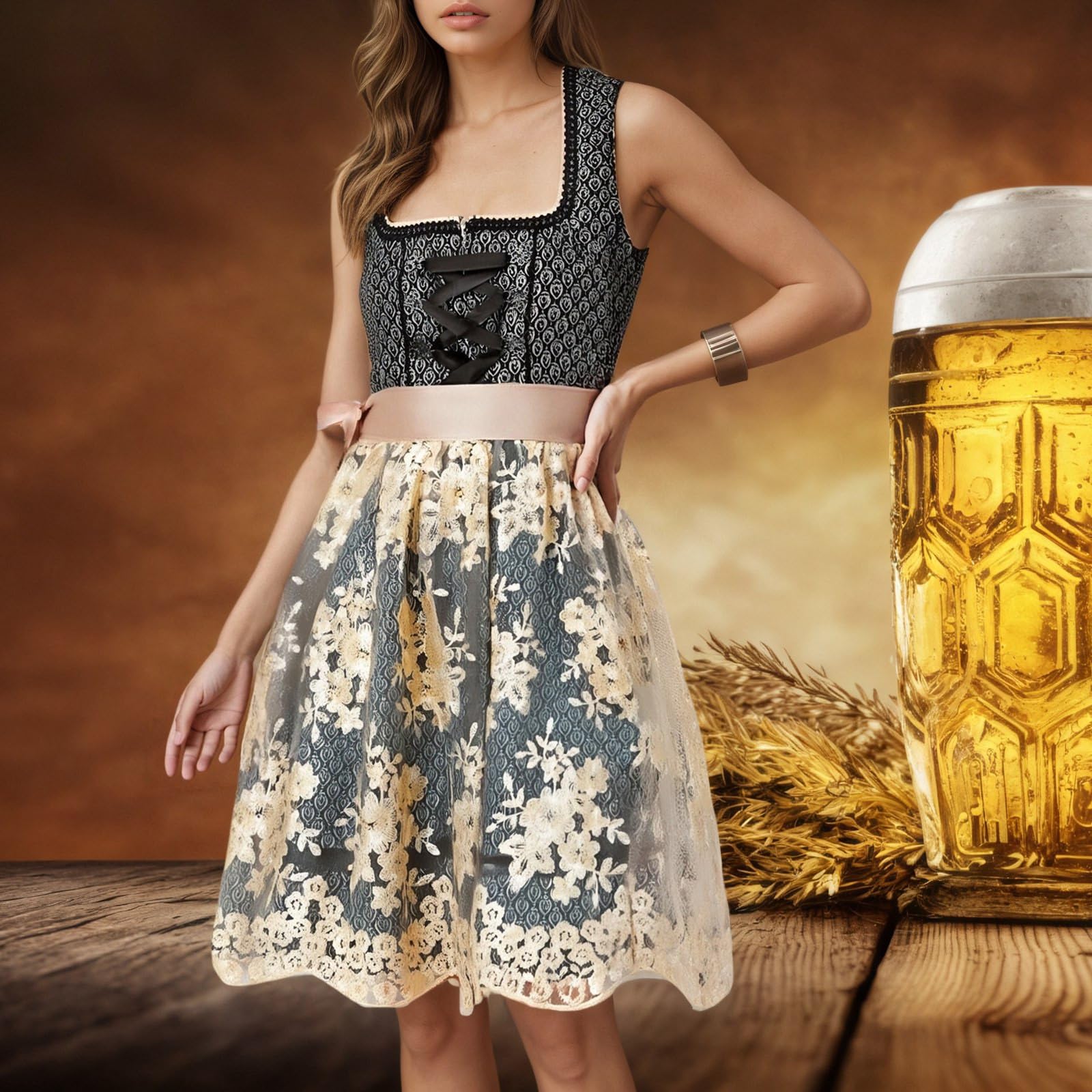 Generisch Dirndl Für Damen Traditionell Cosplay Dirndl Set Damen Komplett | Traditionelles Dirndl Set mit Schürze, dehnbares Material, elegantes Cosplay Kostüm, für Bierfeste und Mottopartys