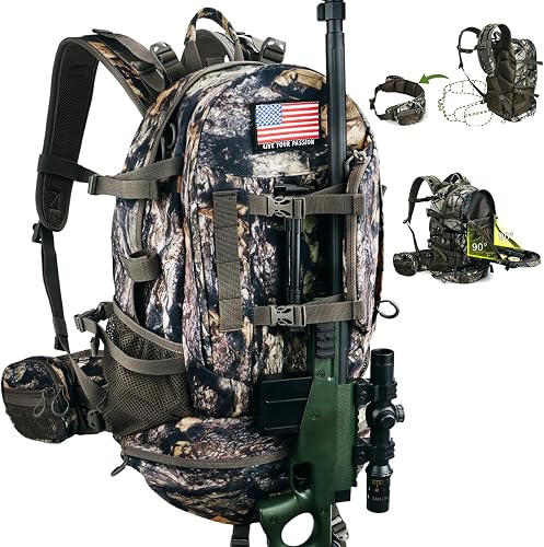 YVLEEN Hunting Backpack, Durable Camo Hunting Packs for Men, Large Capacity Hunting Day Pack for Rifle Bow Gun, Hunting Gear, Wild Leaves Camo - H1, Classic