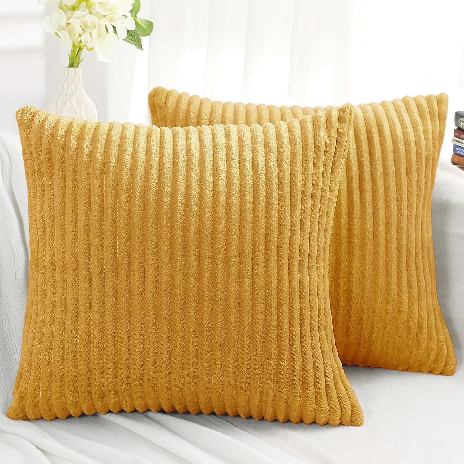 Simmore Decorative Throw Pillow Covers 18x18 Set of 4, Soft Plush Flannel Double-Sided Fluffy Couch Pillow Covers for Sofa Living Room Home Decor, Rust & Mustard Yellow