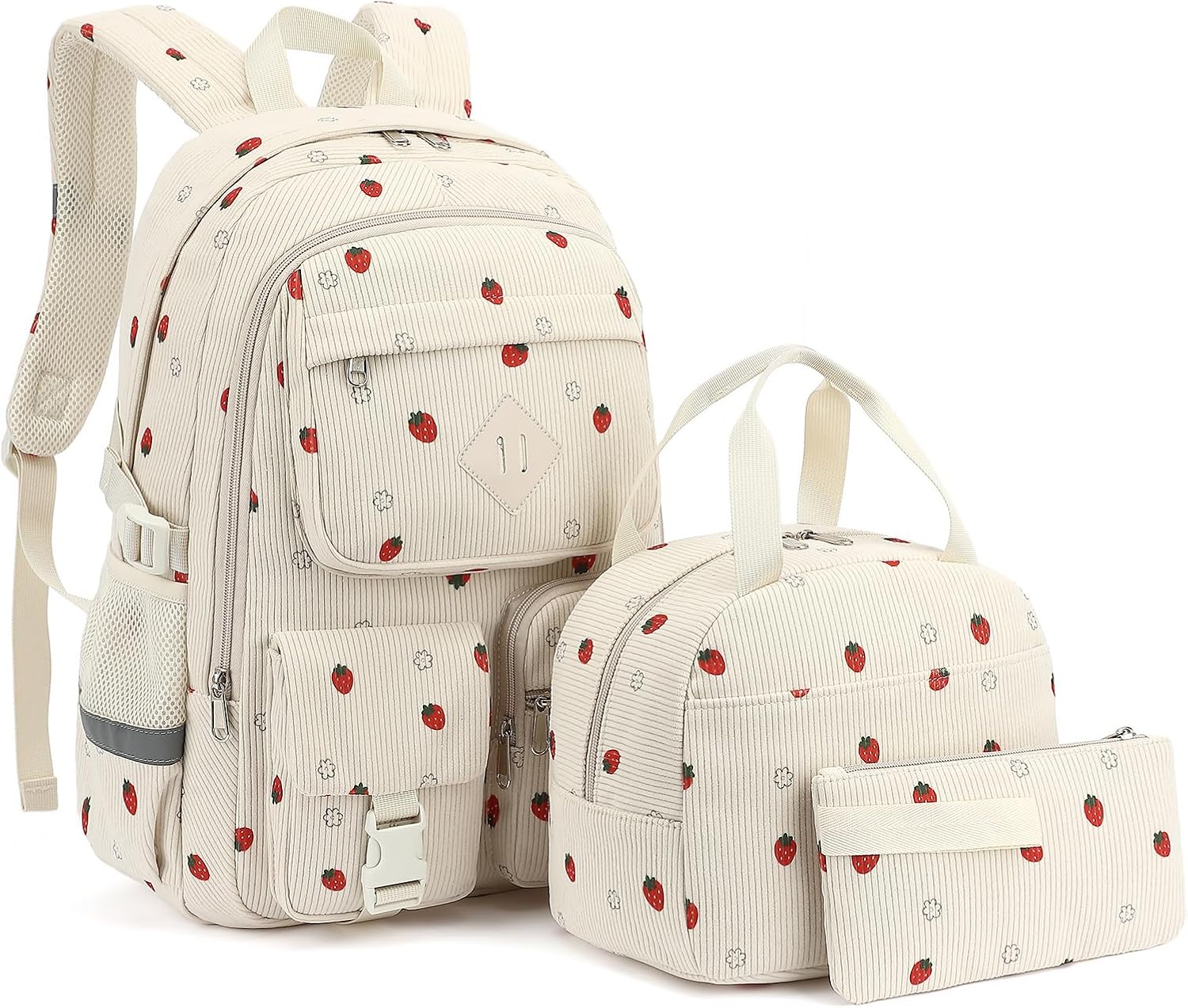 Corduroy School Backpack for Girls Boys, Kids Teens School Bookbags Schoolbag Set with Lunch Box Pencil Bag (Corduroy Pink Strawberry)