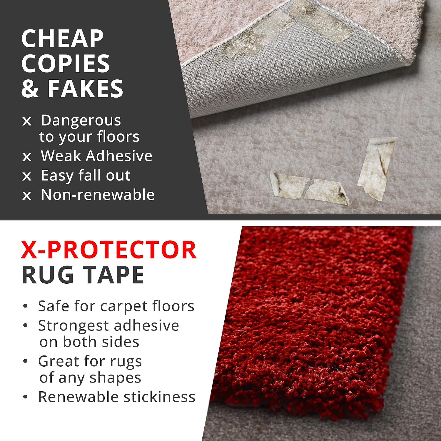 X-Protector Rug Tape for Carpet - 8 Pcs Set - White Anti-Slip & Anti-Curling Carpet Tape for Rugs - Premium Rug Pad Gripper - Carpet Corner Grippers to Keep Your Rugs & Make Corners Flat