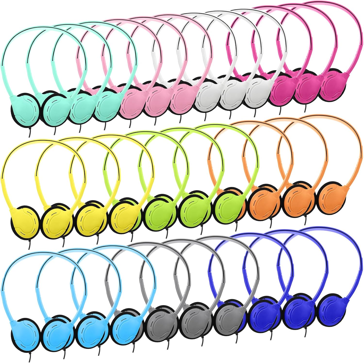 Yunsailing 30 Pack Bulk Over Ear Headphones Set On Ear Headsets Earphones with Adjustable Headband and 3.5mm Plug for Group Learning, Computer Lab, Library, Online Lesson (Macaron Color)