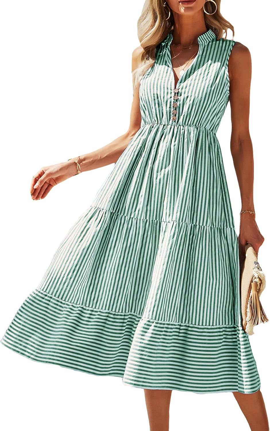 Floerns Women's Striped Print Notched Neck Sleeveless Ruffle A Line Midi Dress