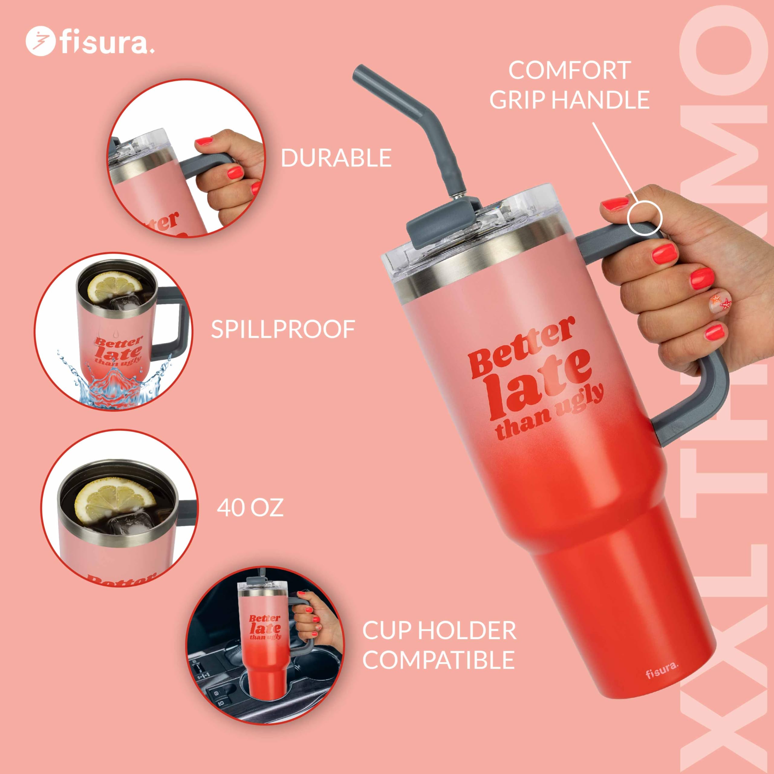 Fisura, Better Late 1.2 Litre Thermos Flask, Large Pink Stainless Steel Flask, BPA Free - Image 2