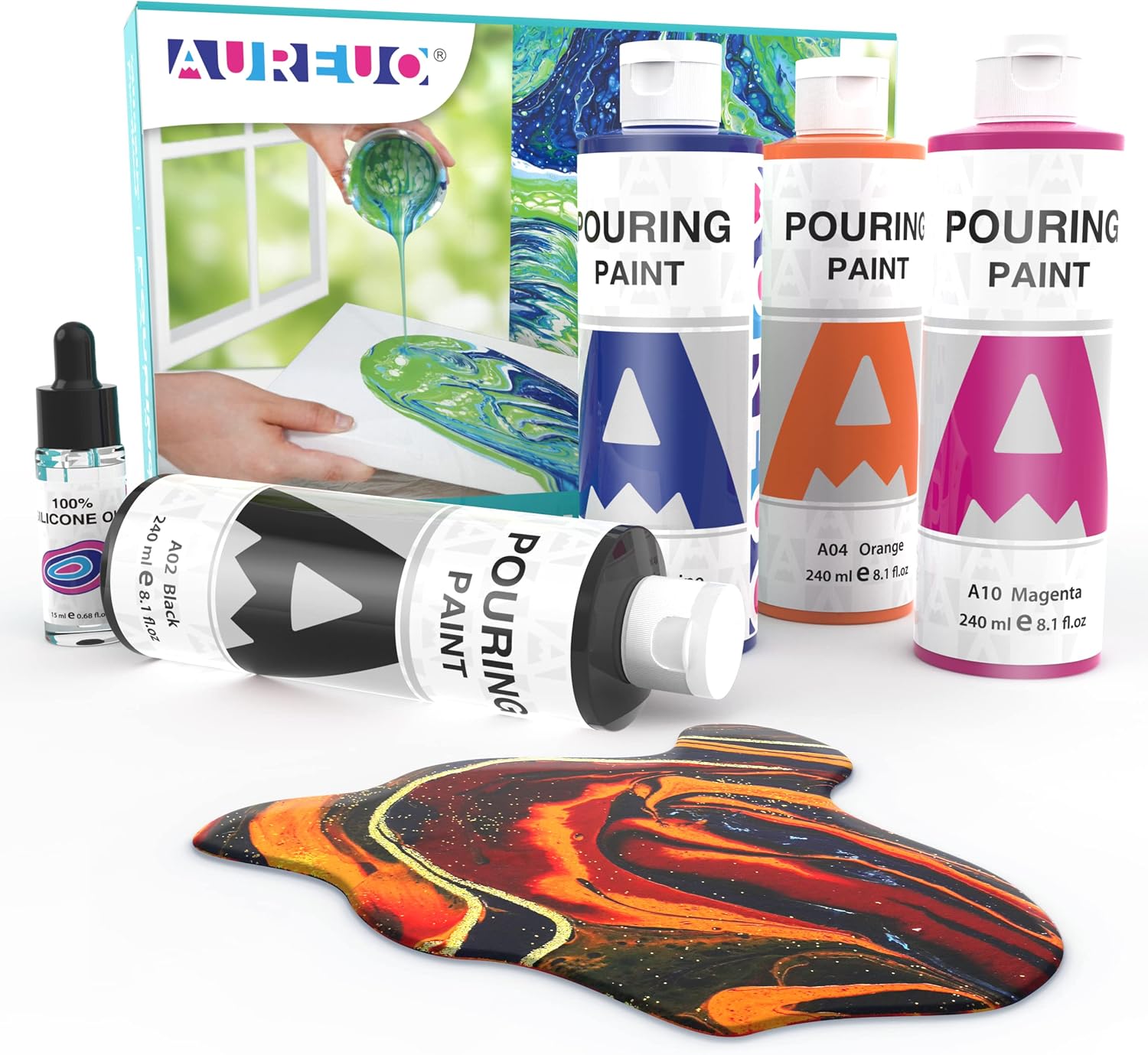 AUREUO Acrylic Pouring Paint Set - 4 Colors 8 Oz./ 240ml Bottles - Pre-mixed High Flow Ready to Pour with Silicone Oil for Canvas, Rock, Ceramic, Wood, Glass & Crafts - Fireworks