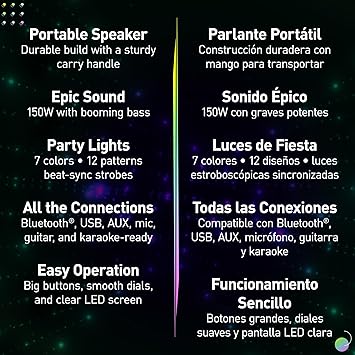 Panasonic BMAX Portable Speaker Bluetooth, 75W Bass Boost Long Battery Life, Wireless, 7 Light Colors & 12 Patterns w/Flash & Strobe Plug-in Guitar & Host Karaoke Party, SC-BMAX5