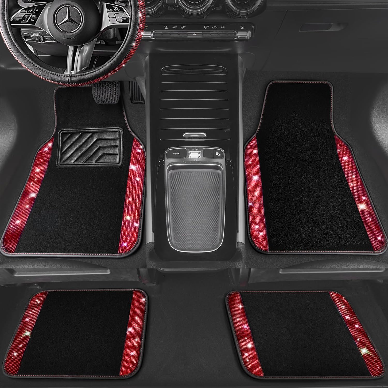 CAR PASS Bling Diamond Leather Steering Wheel Cover 14.5in-15in Floor Mats Shining Rhinestone Carpet Sparkly Glitter Crystal Anti-Slip Pad Fit Automotive SUV Pickup Truck Girl Women, 5pcs Black Red - Image 4