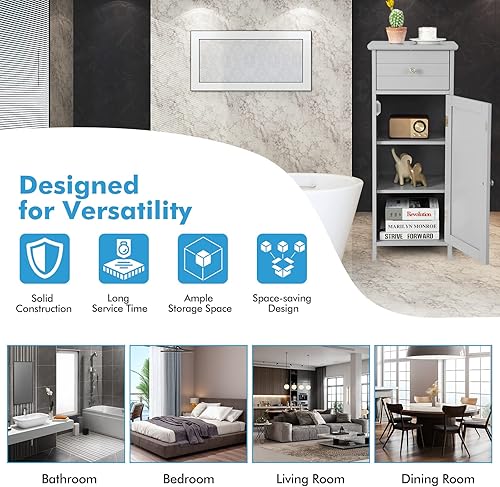 Miniatura 9 de Tangkula Armario de suelo de baño, armario de almacenamiento independiente con estante y cajón ajustables, diseño antiinclinación, gabinete de