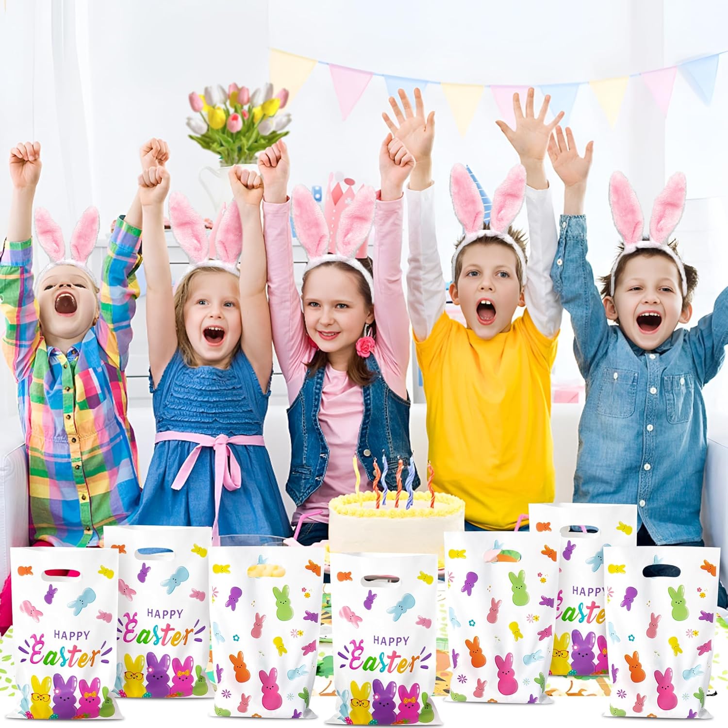 50Pcs Easter Bunny Peeps Party Favor Bag - Happy Easter Rabbit Plastic Waterproof Goodie Bag with Die Cut Handles Rectangular Candy Gift Bags for Kids Festival Decoration Party Favor Supplies - Image 5