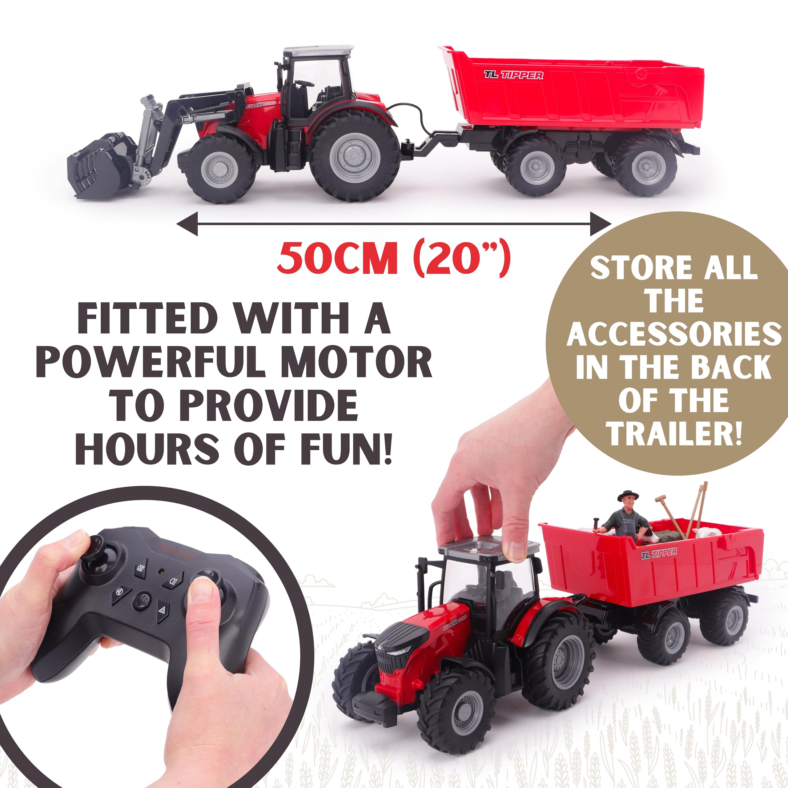 Toyland® 1:24 Tracteur Rouge télécommandé avec Chargeur Frontal, remorque basculante motorisée et Accessoires - de Jeu avec lumières Chargement USB - Batterie Rechargeable Incluse - Véhicule de Ferme