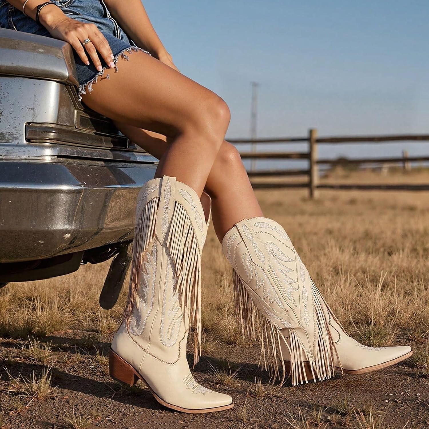 Mattiventon Cowboy Boots for Women Fringe Knee High Cowgirl Western Boots with Classic Embroidery Pointed Toe Chunky Heel for Weddings Parties - Image 3