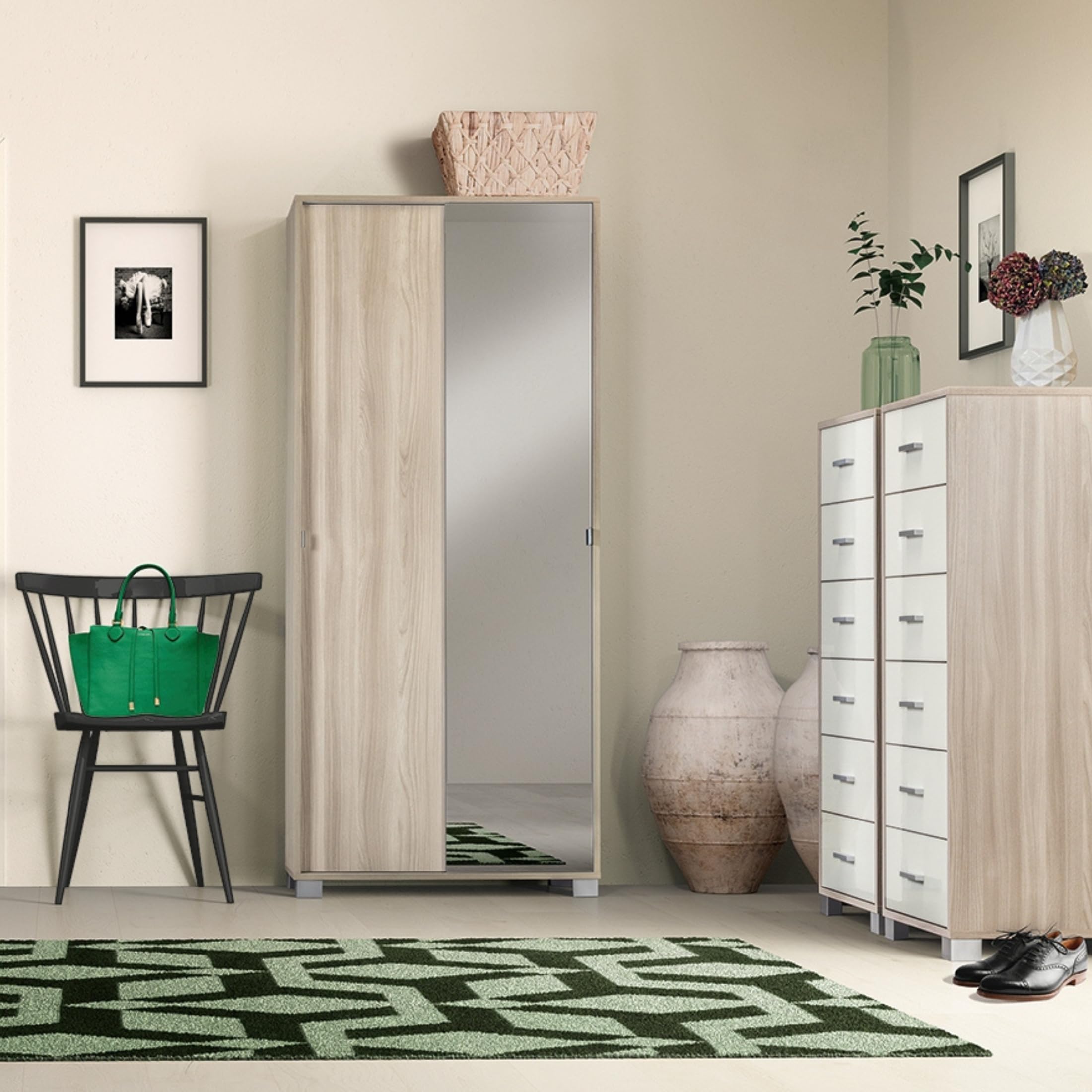 MONDO VIRO Mobile armadio 2 ante scorrevoli Rebel con specchio in legno 8 ripiani cm 82x42 190h (Cemento/Specchio Naturale)