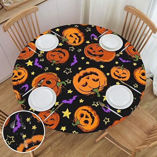 WILL BUDXEG Fundas redondas ajustables para mesa de Halloween, diseño de murciélago y calabaza, con diseño de estrella negra, con borde elástico,