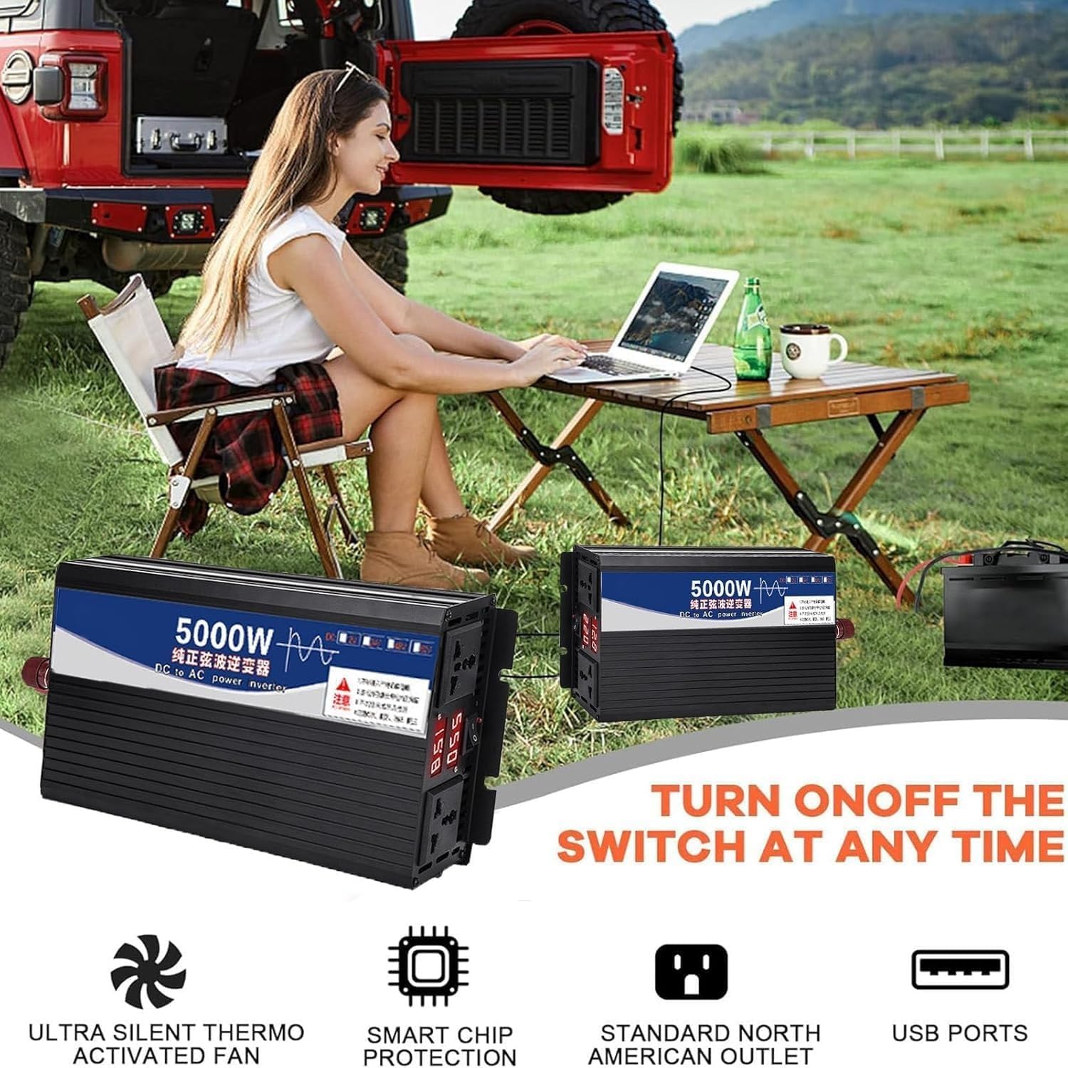 Przetwornica napięcia przetwornica z gniazdem do urządzenia samochodowego 3500 W 4000 W 5000 W falownik 12 V/24 V/48 V/60 V/72 V na 110 V konwerter napięcia (3500 W, 60 V)