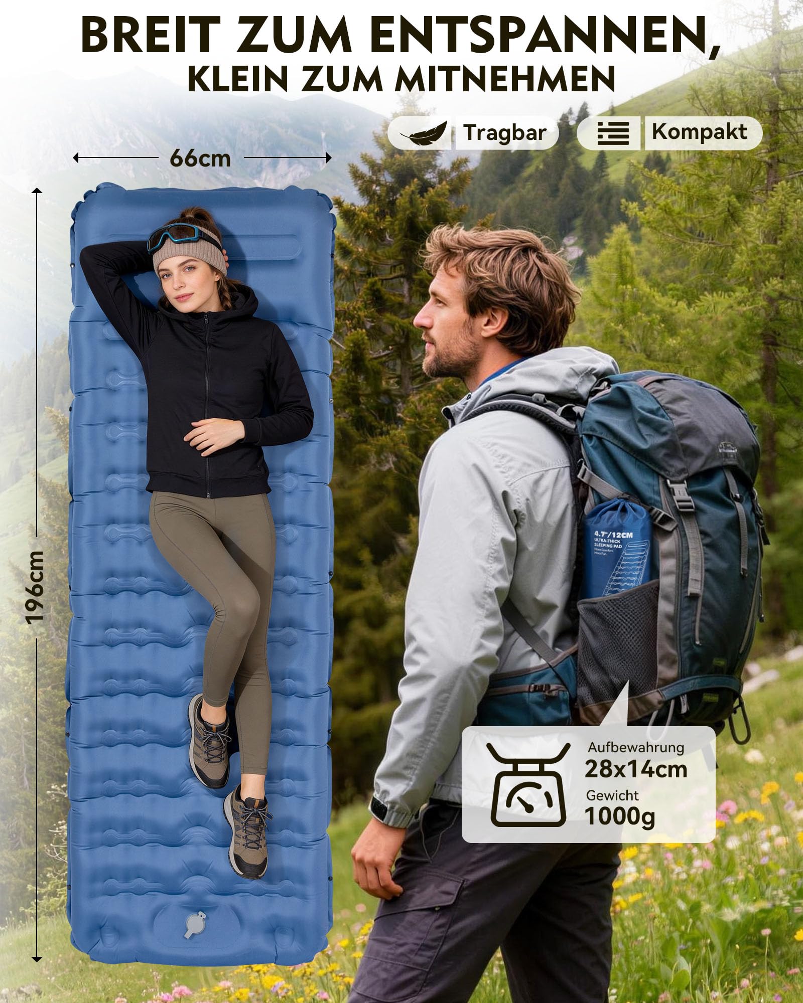 HIKENTURE Karimata kempingowa, 12 cm, ultra gruba karimata z poduszką, nadmuchiwany materac, mały rozmiar po spakowaniu, nadmuchiwany materac do spania z pompką nożną, do aktywności na świeżym