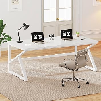 IBF Large White Desk, Wooden and Metal 70 Inch Computer Desk, Modern Extra Long Double Desks for Home Office Executive Writing Study Gaming, Farmhouse 2 Person PC Laptop Table in Bedroom Living Room