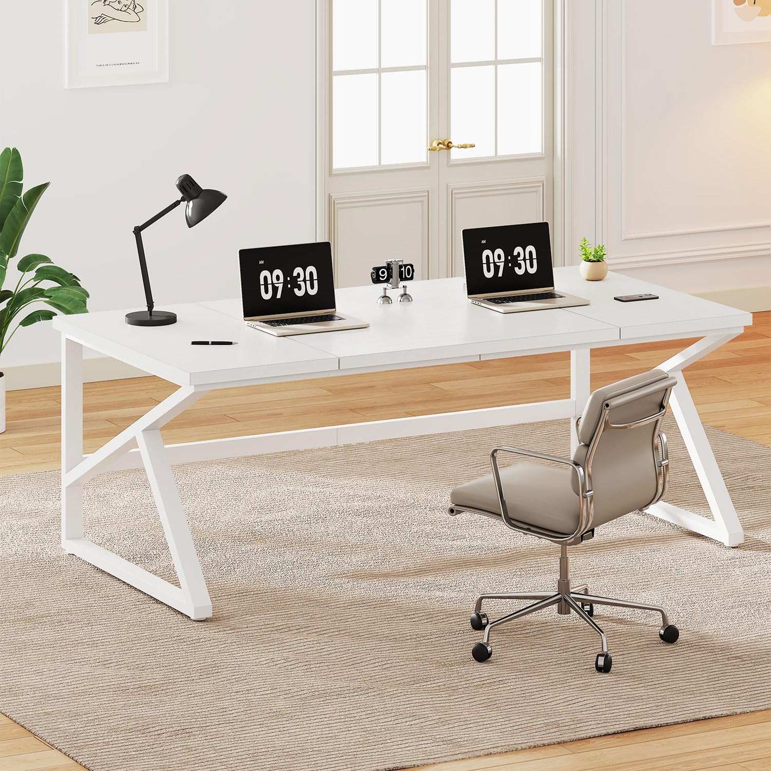 IBF Großschreibtisch 180cm Weiß,Tisch Holz-Metall Gaming Homeoffice | 180cm 2-Personen Schreibtisch Holz-Metall mit großer Platte für Monitore, geeignet für Gaming, Studium & Homeoffice