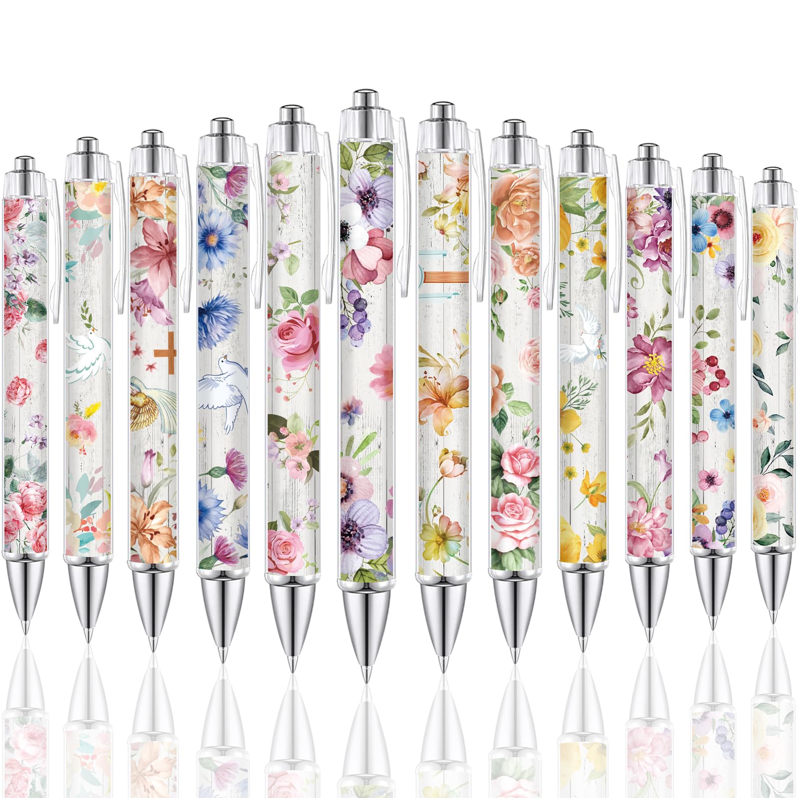 ChYoung Pretty Fancy Personalised Pens for Women Girls 24 Pcs Floral Art Ballpoint Pens Sparkly Funky Flower Pens 1.0 mm Black Ink Smooth Writing Pens Sets for Ladies Adults