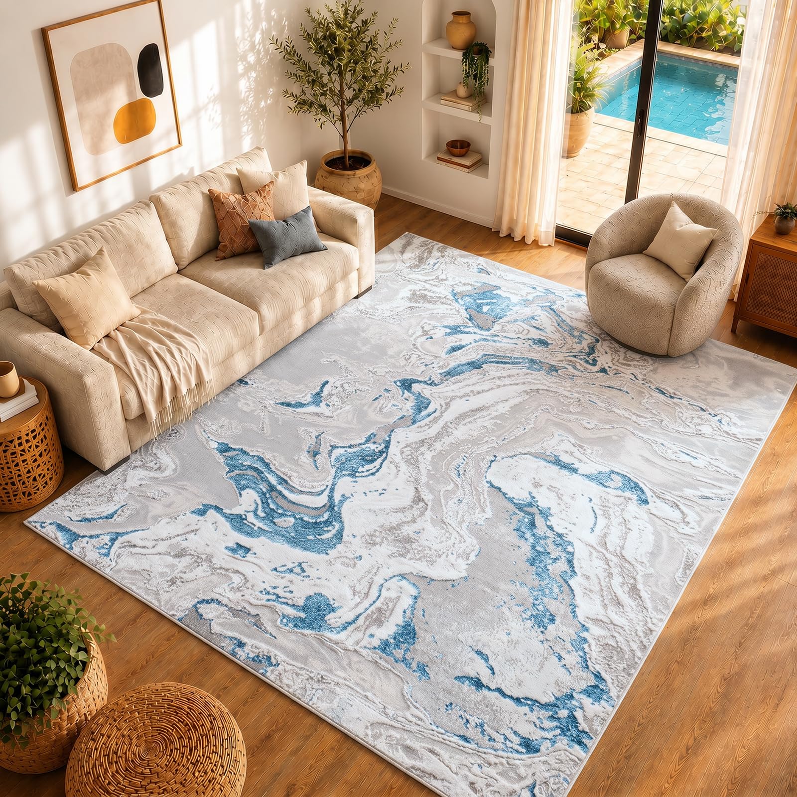 Livabliss Adria Tappeto Salotto Moderno Astratto Tappeto Soggiorno, Camera da Letto, Pranzo Moderni Tappeti Effetto Marmo, Morbido e Pelo Corto, Ampio 120x170 cm, Grigio, Blu e Avorio