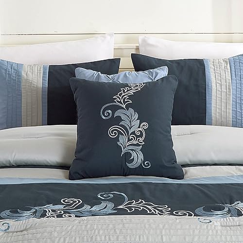 Miniatura 4 de Chezmoi Collection - Juego lujoso de edredón de 7 piezas Napa con bordado de hojas de otoño (tamaño California King, color azul marino, azul y gris)