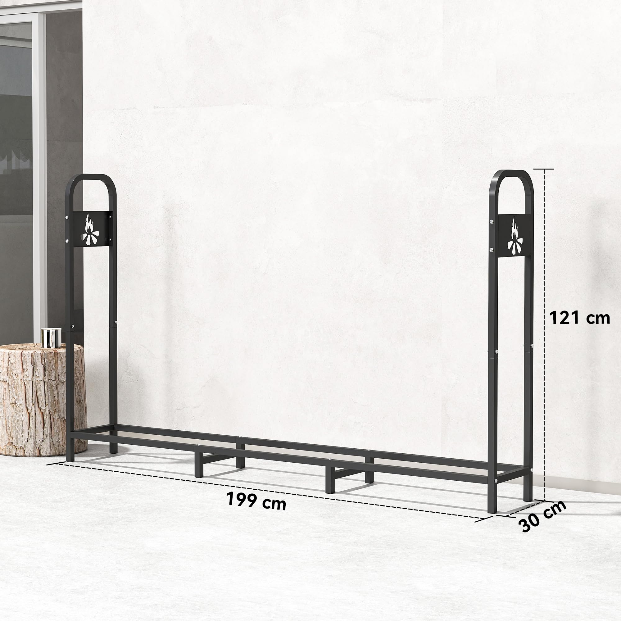 Outsunny Estante de Leña Metálico, 200x30x120 cm, Carga 300 kg, Leñero Exterior con Marco de Acero, Patas Extra Reforzadas y Diseño Recortado de Fogata, Soporte para Leña de Chimenea, para Jardín
