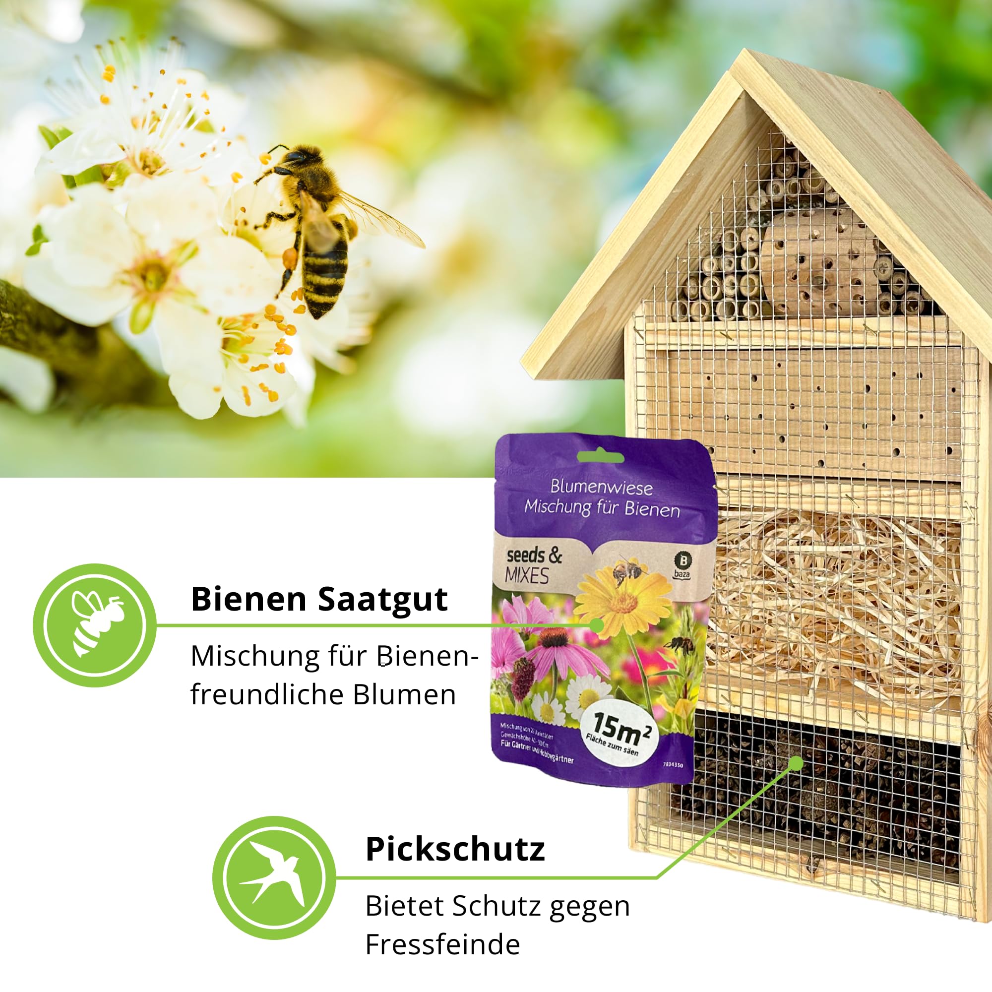 GARTENETAGE Geschenkset Insektenhotel – Nachhaltiges Insektenhotel mit Blumenwiese-Saatgutmischung Gartenliebhaber – Natürliche Materialien, fertig montiert, mit Holzpfählen