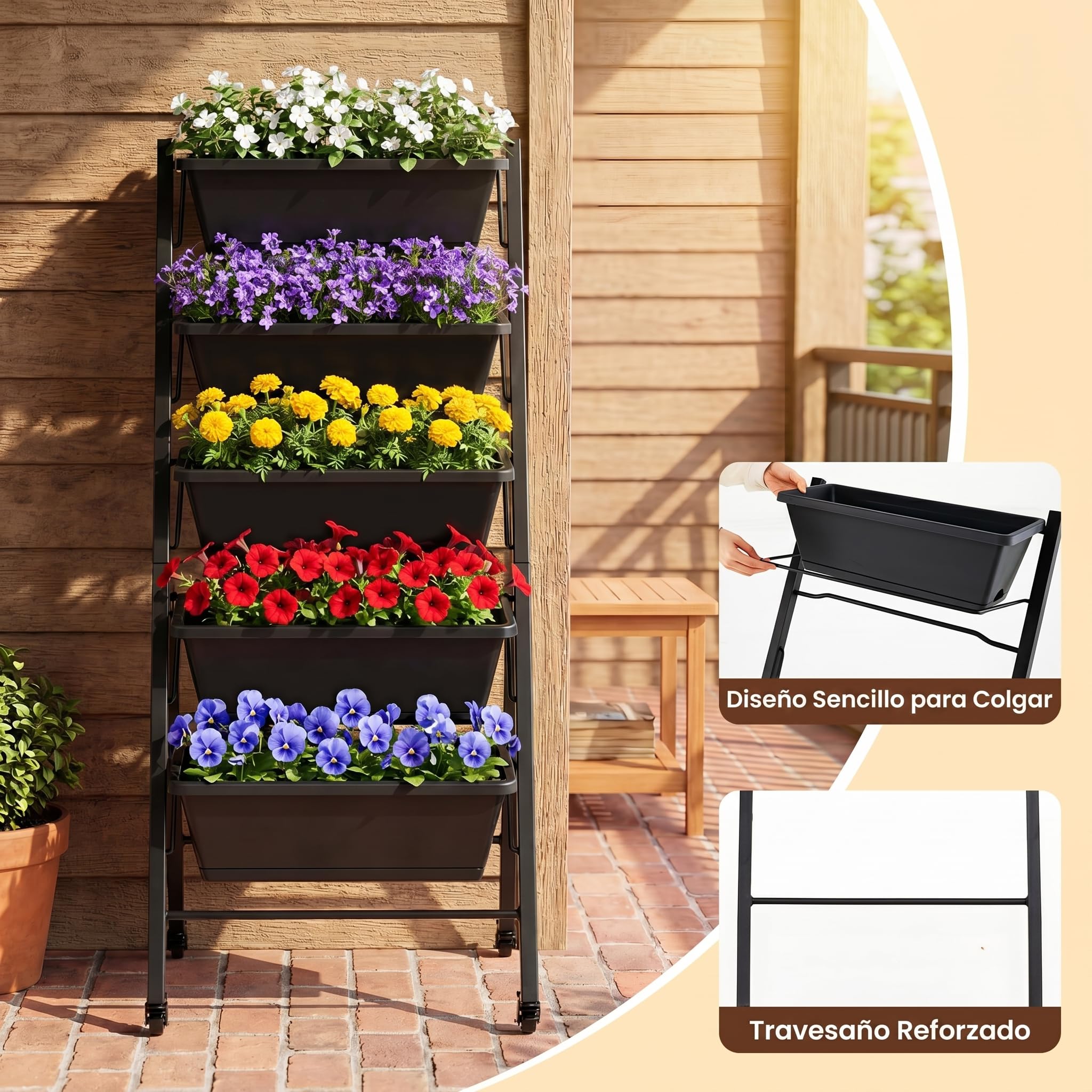 COSTWAY Jardinera Vertical con 5 Macetas, Huerto Urbano Elevado con Ruedas, Estructura de Metal, Orificios de Drenaje, Bandejas Desmotanbles, Jardinera Elevada Exterior, 57 x 68 x 117 cm