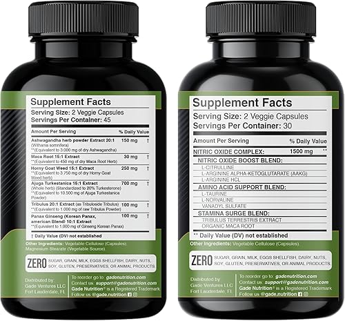 Miniatura 2 de Gade Nutrition Ashwagandha con raíz de maca, hierba de cabra cachonda, turkesterona, tribulus terrestris, panax ginseng + refuerzo de óxido nítrico,