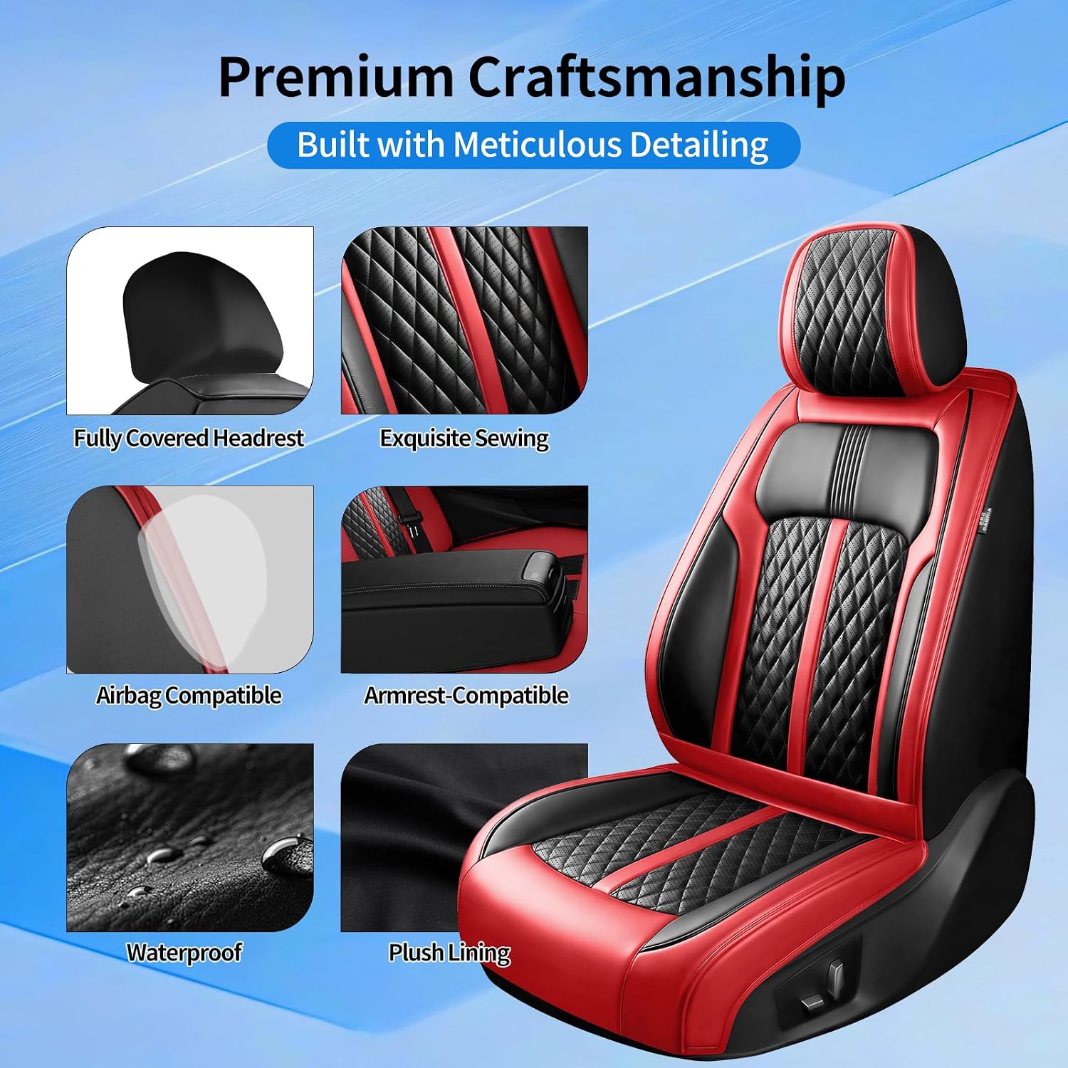 Fit A5 Car Seat Covers (Front Pair) for Select Audi A5 2011-2026, Premium Full Coverage Leather, Airbag Compatible, Waterproof & All Weather Breathable Seat Cushion Protector, Black+Red