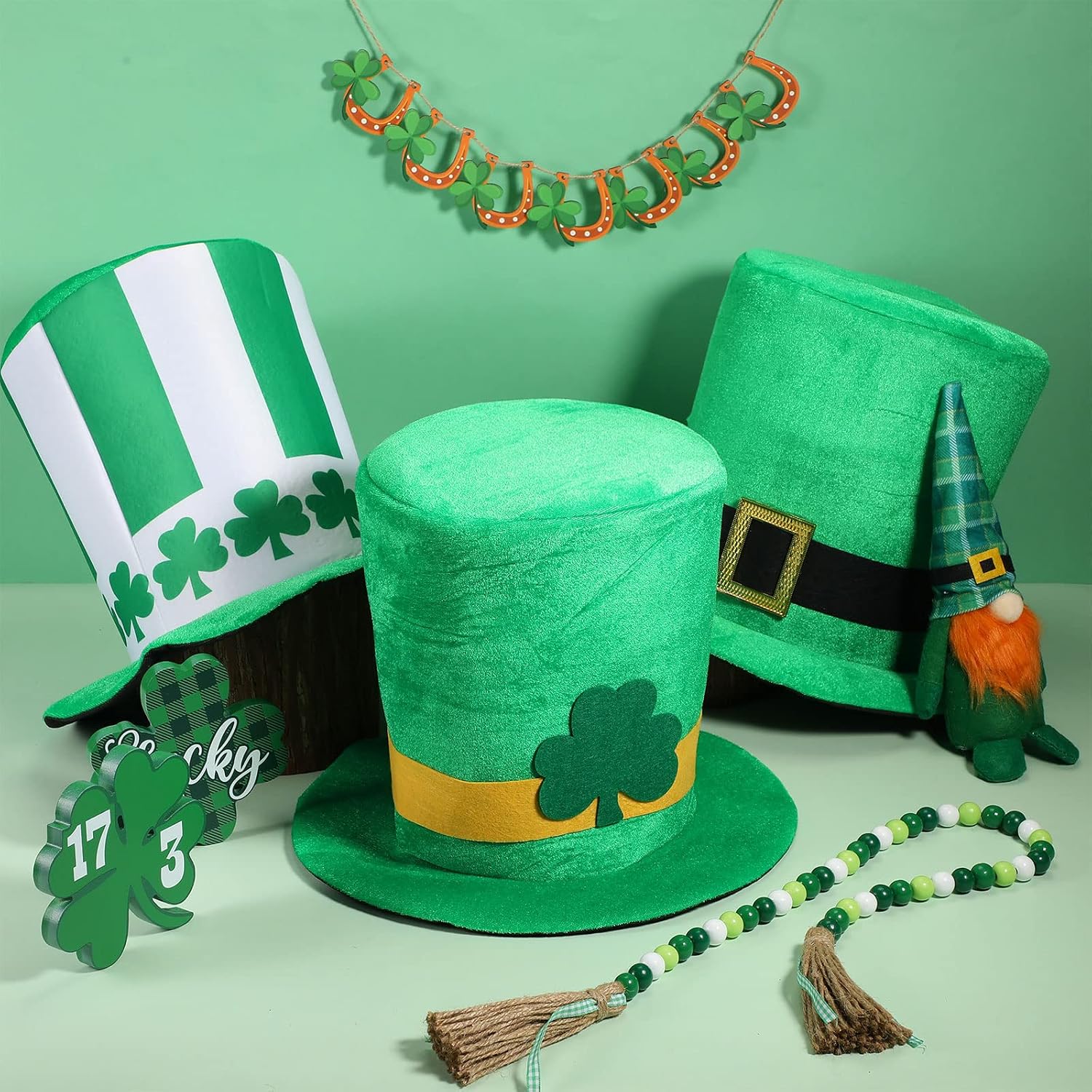 Jerify 6 Pcs St. Patrick's Day Top Hat Leprechaun Topper Hat Bulk Shamrock Green Lucky Irish Cap for Adults Women Men