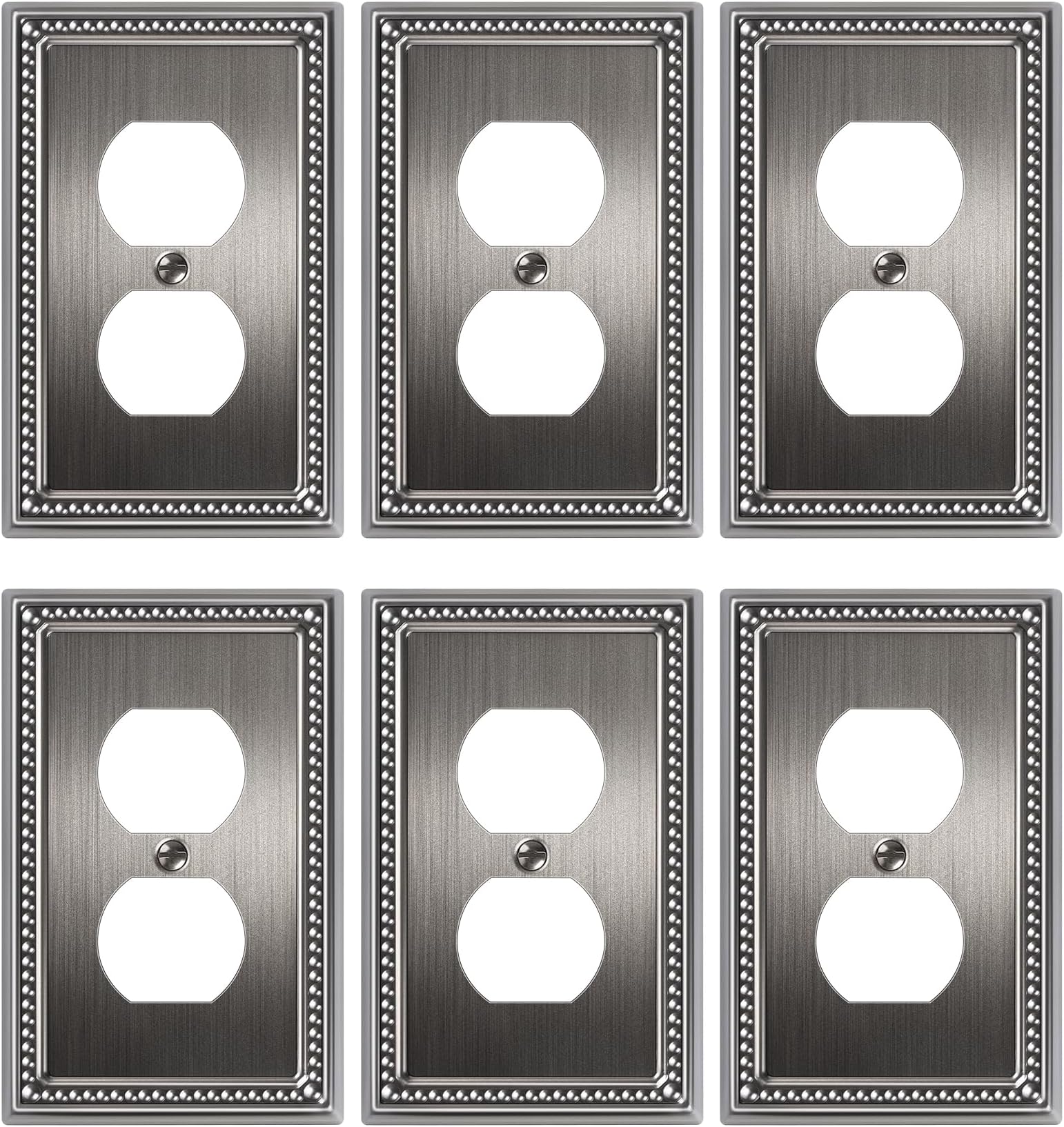6-Pack Duplex Outlet Cover, Antique Silver Metal Wall Plates for Electrical Outlets, 1 Gang Receptacle Light Switch Cover, Pearls Beaded Decorative Switch Plates and Outlet Covers