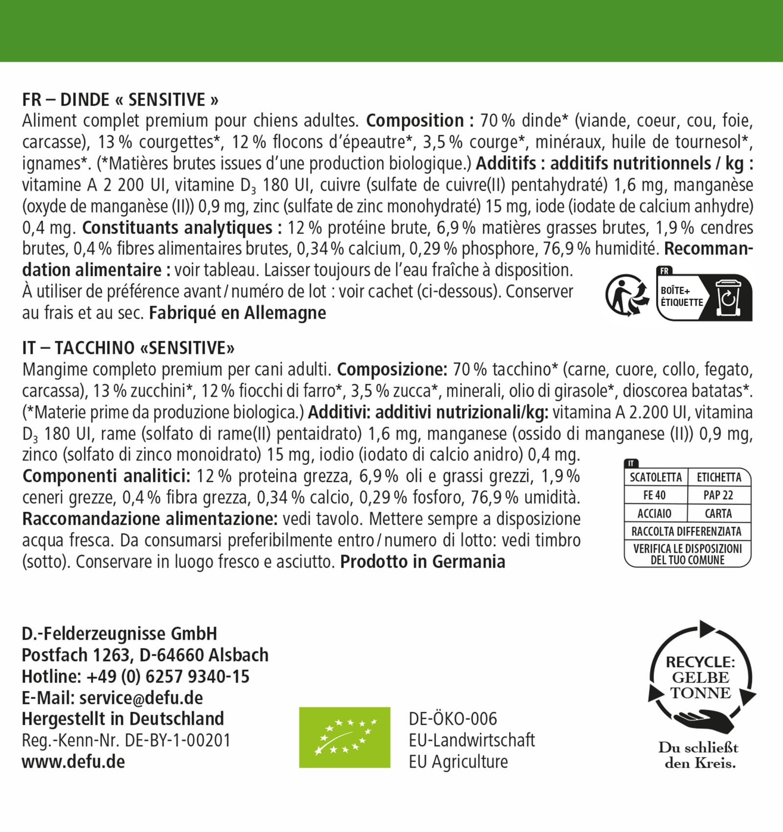defu Hundefutter | 12 x 400 g | Bio Truthahn Sensitiv | Premium Bio Nassfutter Menü | Alleinfuttermittel für Hunde
