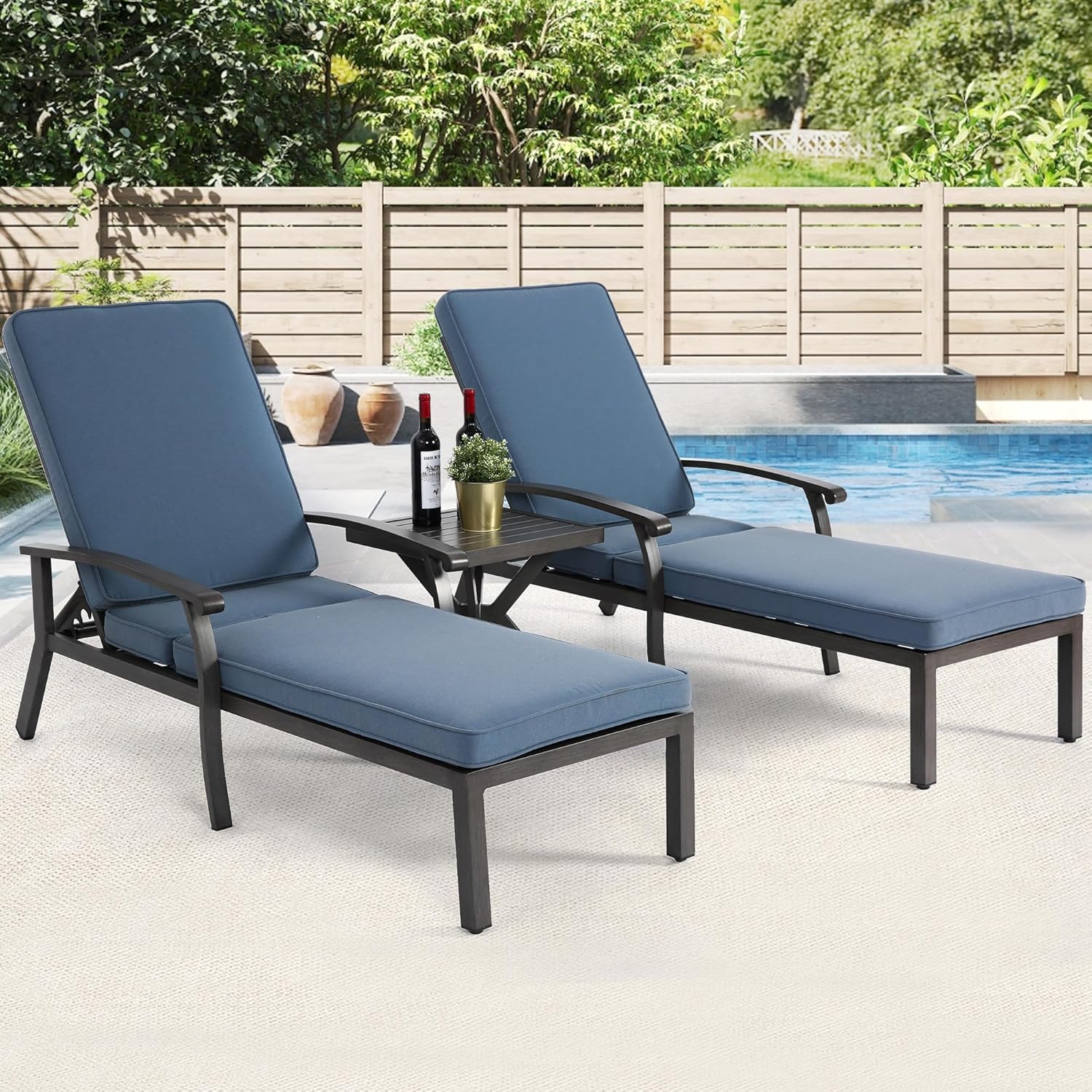 HOMEFUN Outdoor Chaise Lounge Chair 3-Piece Set, Hand-Brushed Wood Grain Cast Aluminum Recliners with Side Table, 5-Position Adjustable Backrest and Hidden Wheels Patio Lounge Chair, Blue
