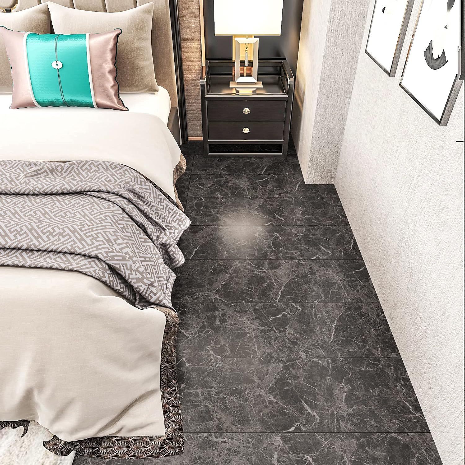 VEELIKE 12 Pack Dark Brown Peel and Stick Flooring Waterproof Self Adhesive Marble Peel and Stick Floor Tile for Bathroom Kitchen 12''x24'' Stick on Floor Tiles Brown Vinyl Flooring for Bedroom RV