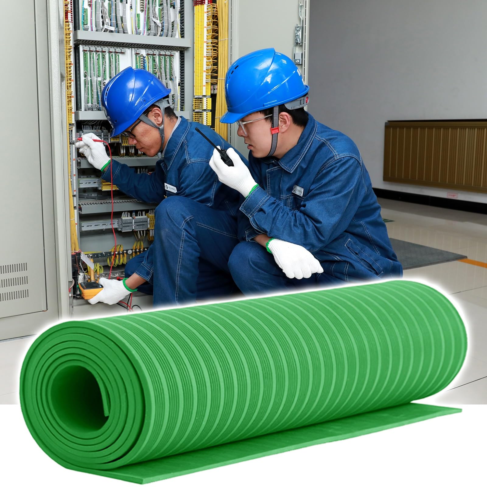 Almohadilla aislante Estera de goma aislada anti-estática, 3/5/10 mm de grosor aislado con tiras antideslizantes, Alfombras de suelo de goma aislantes profesionales para centrales eléctricas(Green,11'