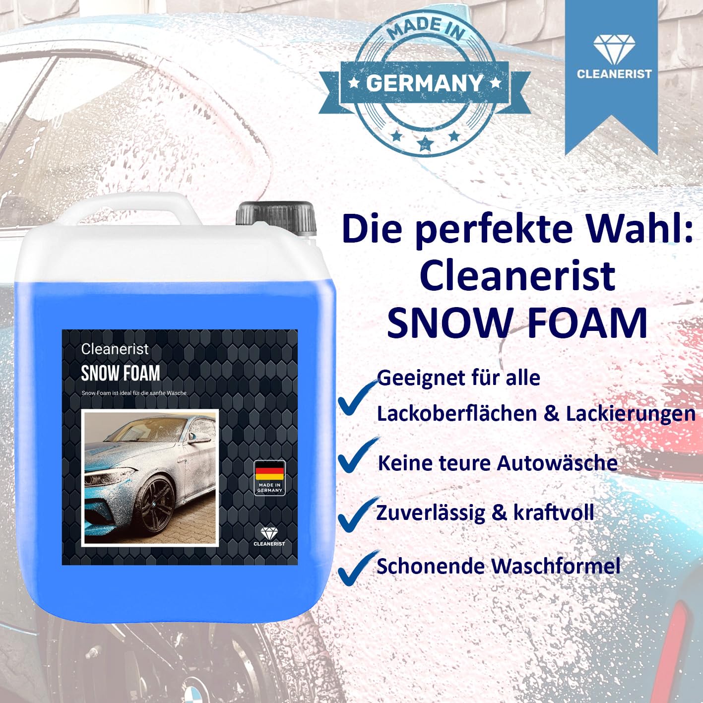 Cleanerist 5 Liter Snow Foam BLAU I inkl. Schaumdruckpistole & Microfasertuch I Konzentrat | Autoshampoo auch für Wohnwagen & Caravan | Autowäsche I Foamer I Aktivschaum
