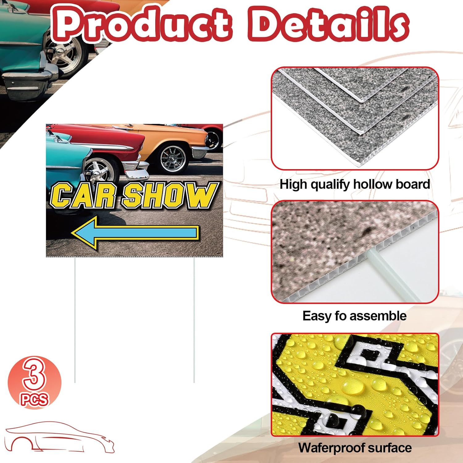 AceOrbit 3 Pcs Car Show Arrow Yard Sign 16 x 12 Inch Double Sided Print Road Sign with Stakes Car Show Decorations Accessories for Exhibition Activities