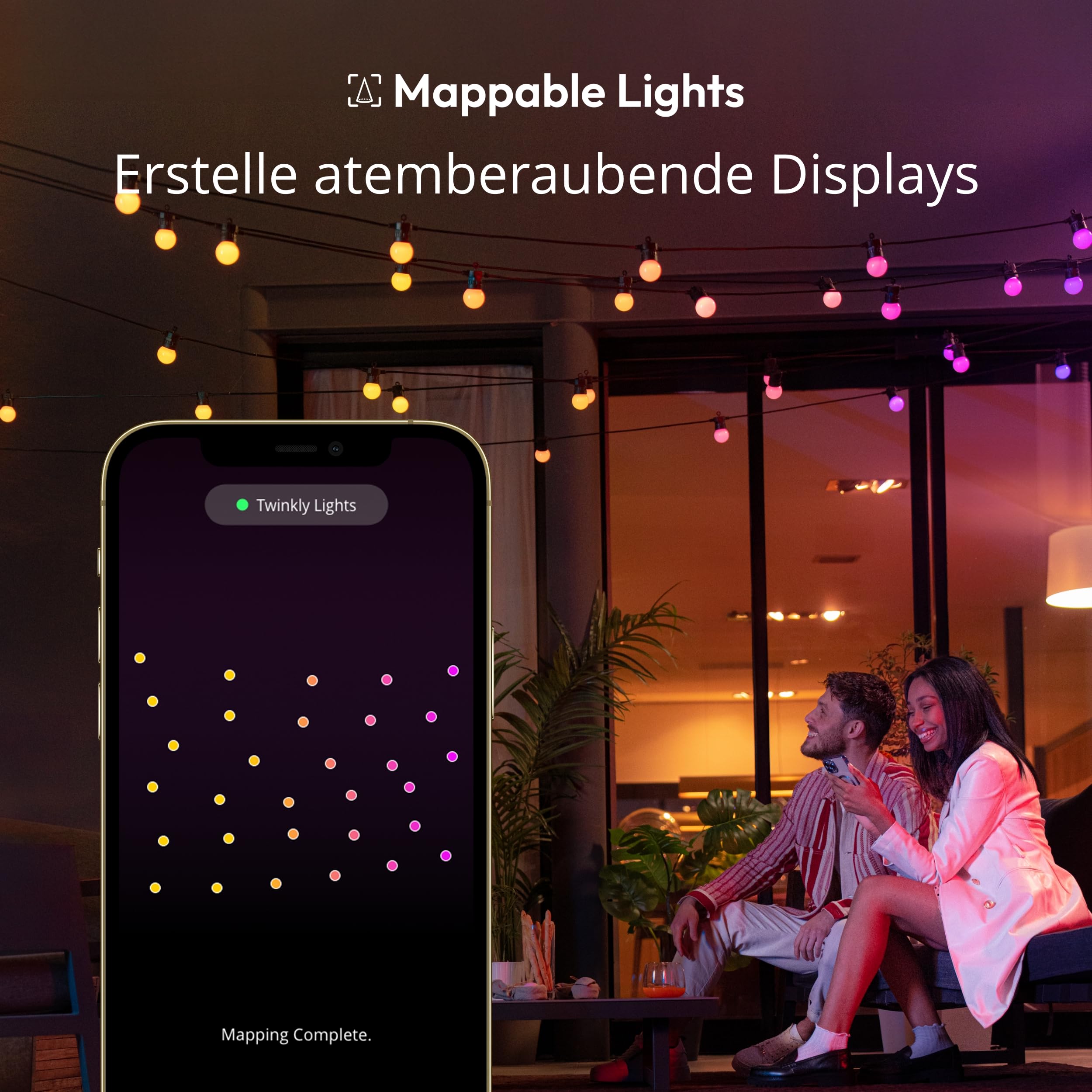 Twinkly Festoon 20 LED RGB, Lichterkette mit 20 LED-Lampen, Mehrfarbige RGB Außen- und Innenbeleuchtung, Kompatibel mit Alexa, Google Home, Gaming-Lichter, IP44, App-Steuerung, Schwarzes Kabel, 10m