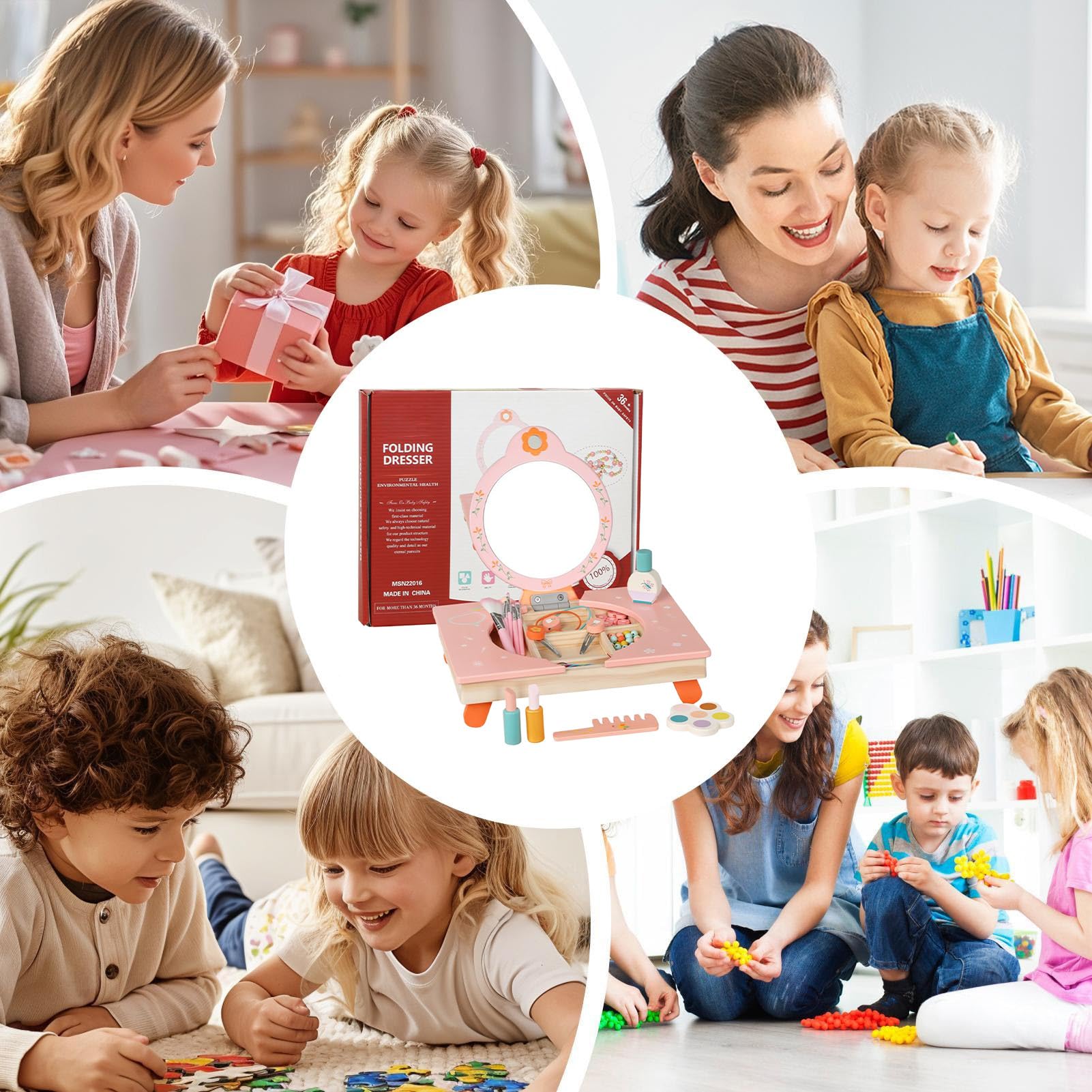 Stolik Toaletowy Do Zabawy Drewniany Stolik Toaletowy Z Lusterkiem | Składany Zestaw Do Zabawy W Przebieranie Z Grzebieniem I Kosmetykami Prezent Urodzinowy Świąteczny Do Pokoju Dziecięcego