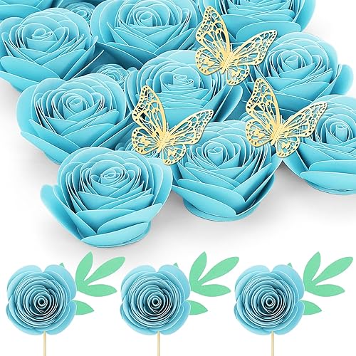 Rosas artificiales de color azul claro, mini flores de papel, manualidades, decoración de regalo para marco de caja de sombra personalizada, gorra